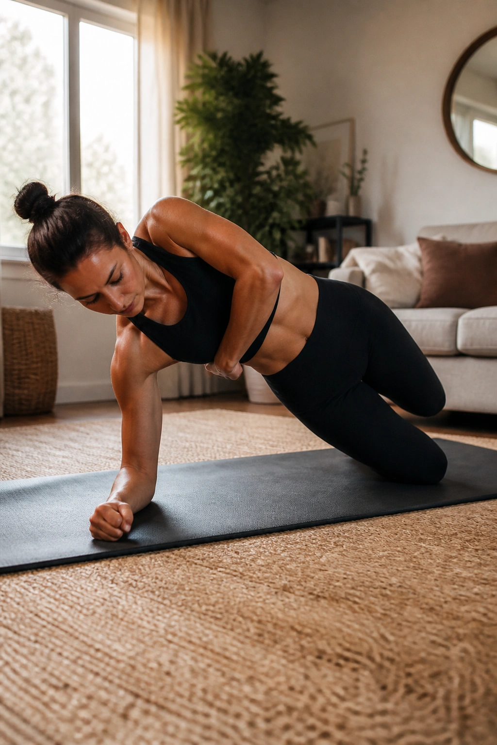 Real person performing a side plank with rotation reach-through in a home setting