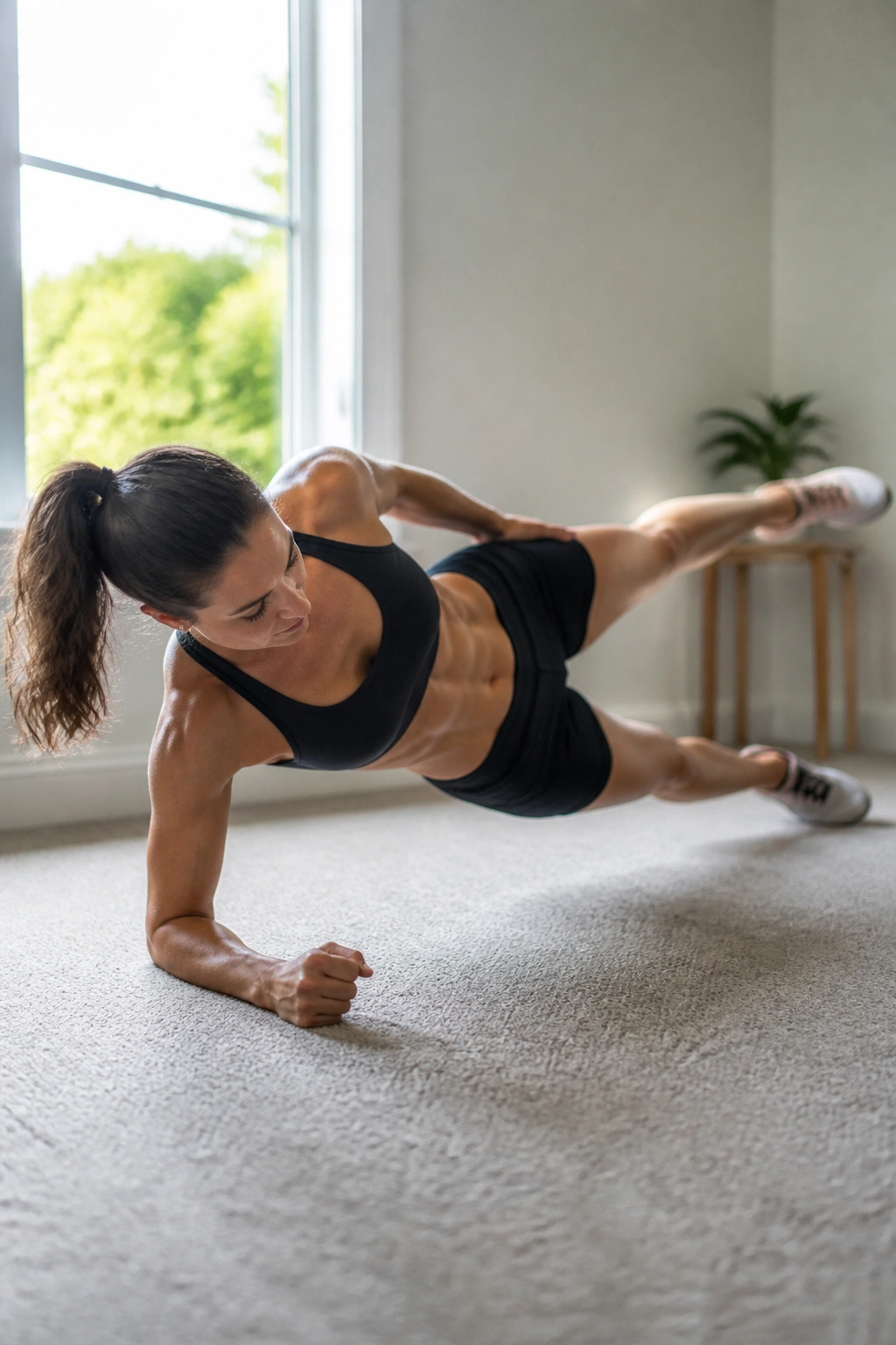 Side plank with top-leg lift on a real person showing hip stability