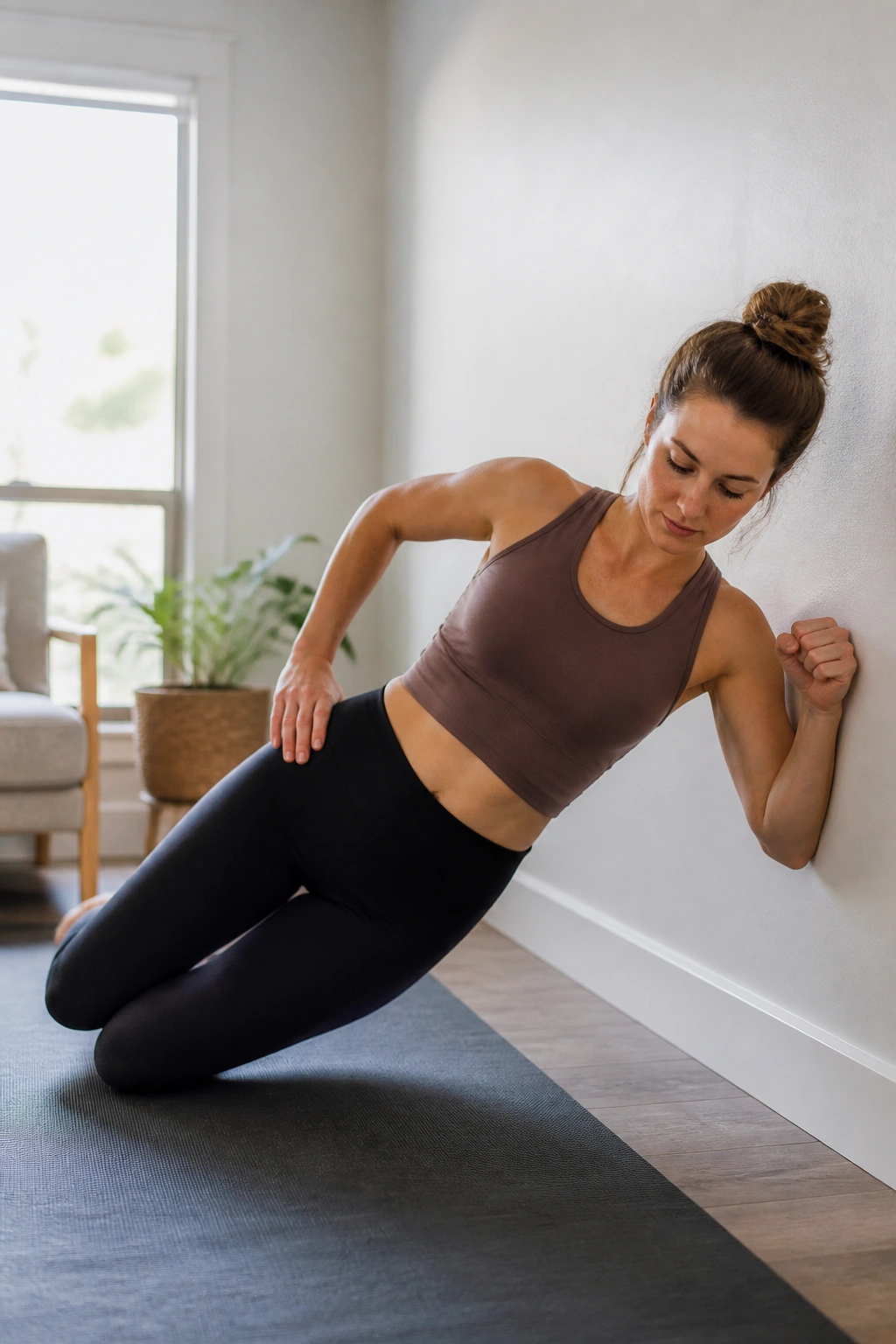 Real person in wall-side modified side plank.