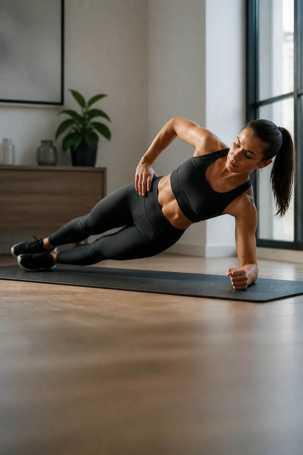 Side plank exercise focusing on obliques and hip control