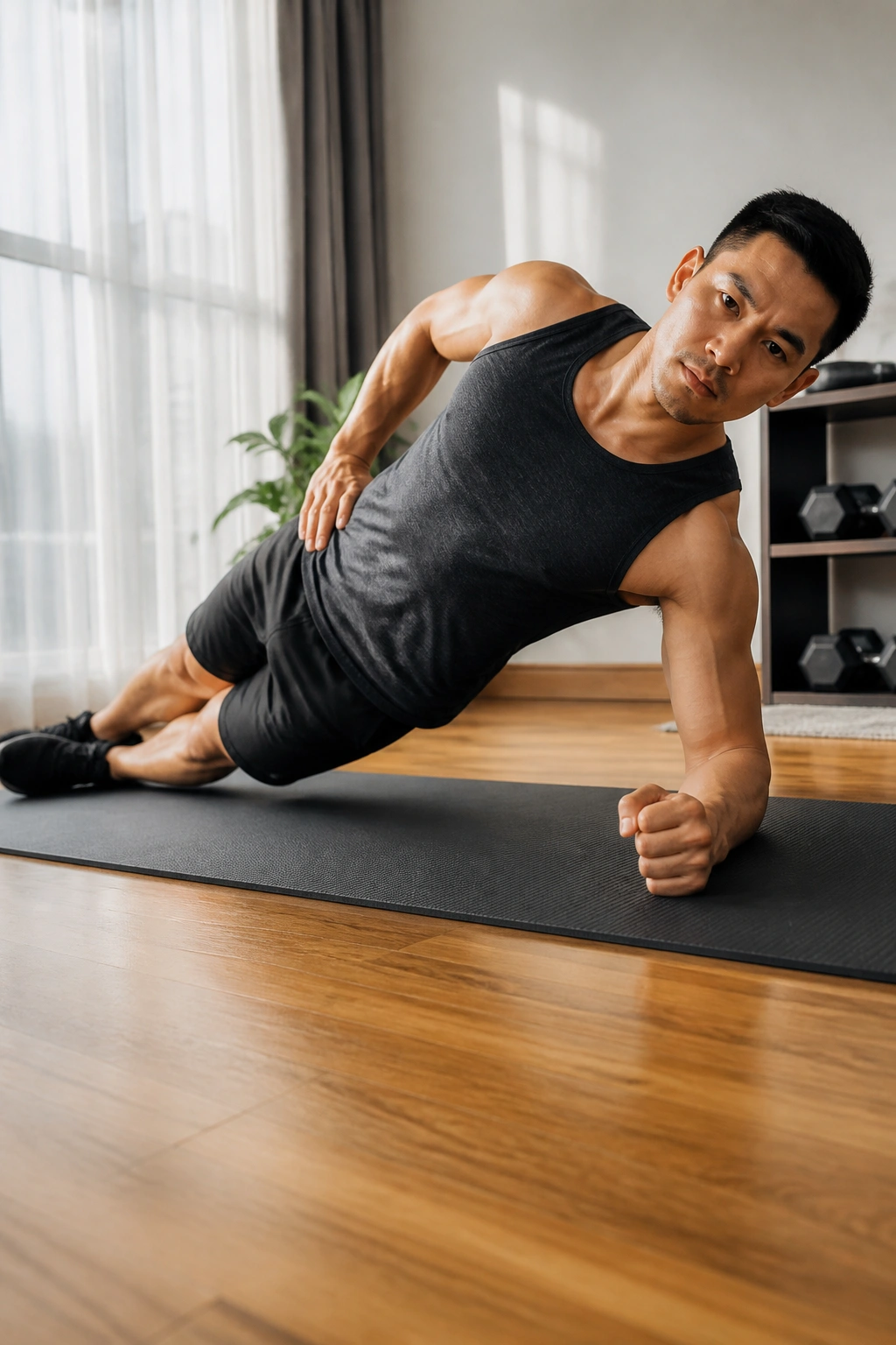 Close-up of a person performing a forearm side plank highlighting obliques and hip stability