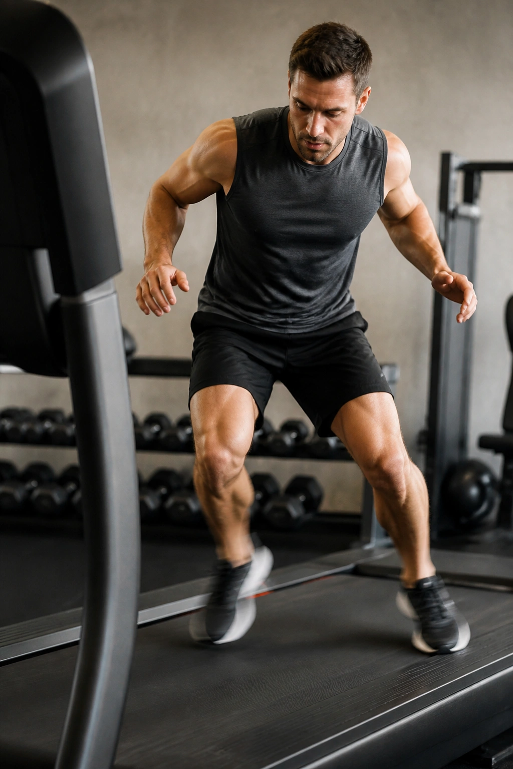 Person performing side shuffles on a treadmill to train agility in a gym