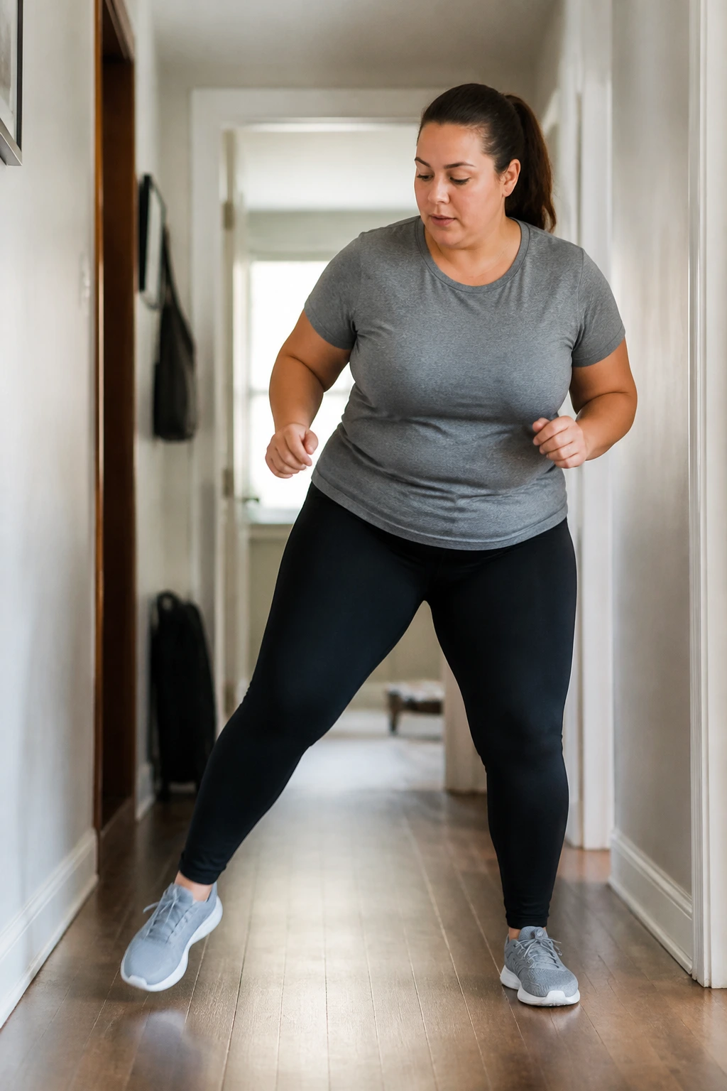 Real woman side-stepping in a hallway during a cardio workout