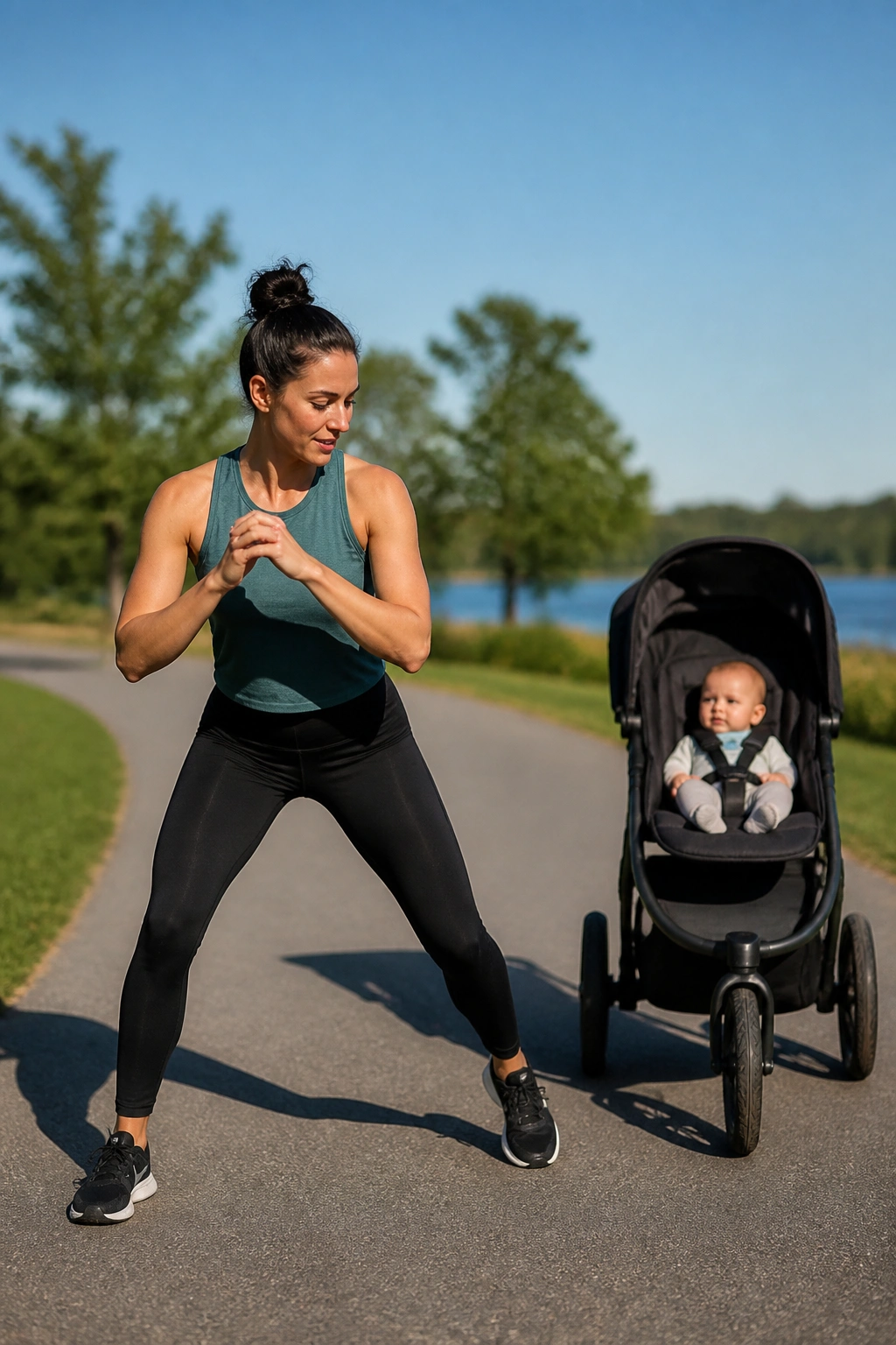 Person performing side-step shuffles near a stroller on a park path