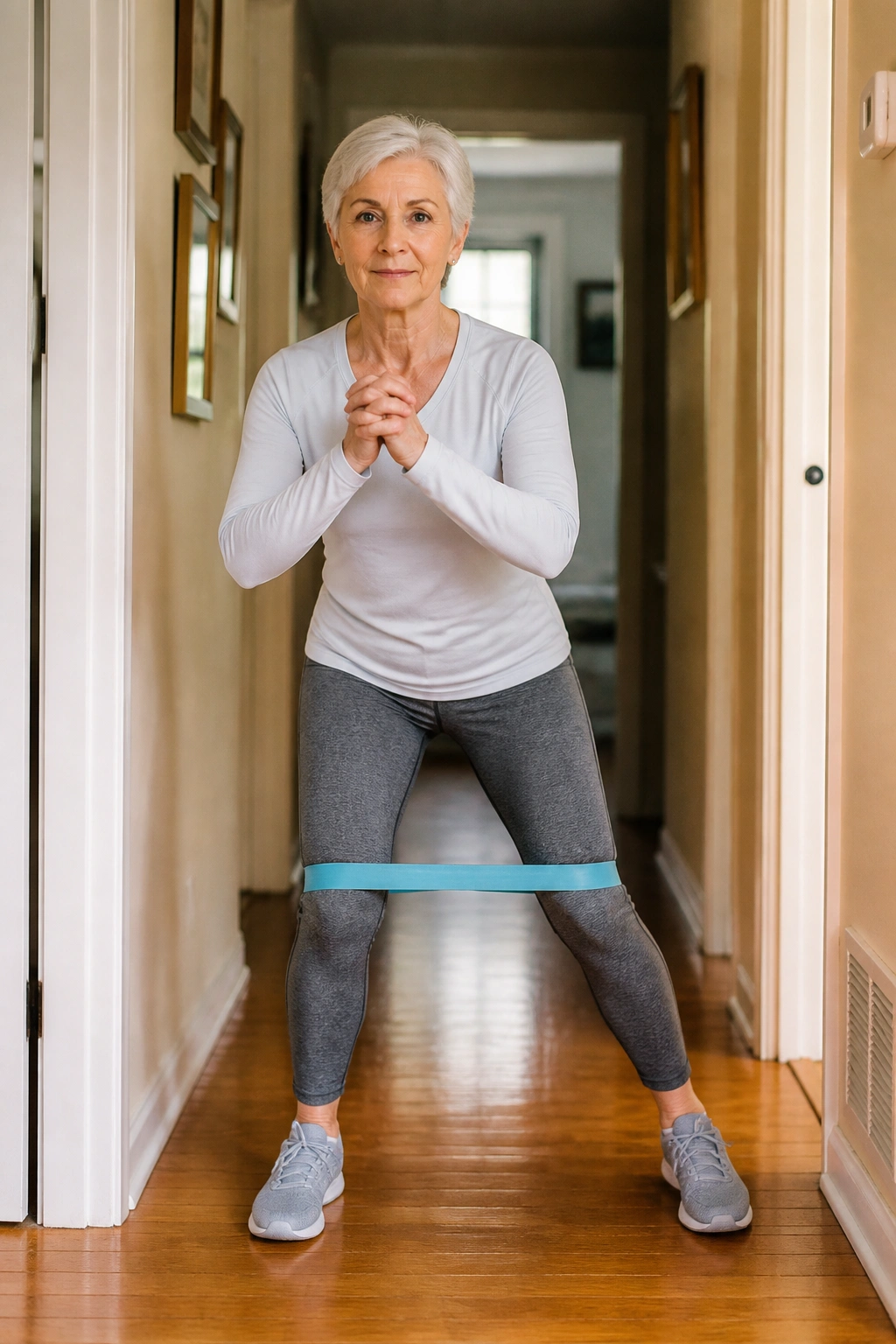 Person performing side steps with a light band in a hallway