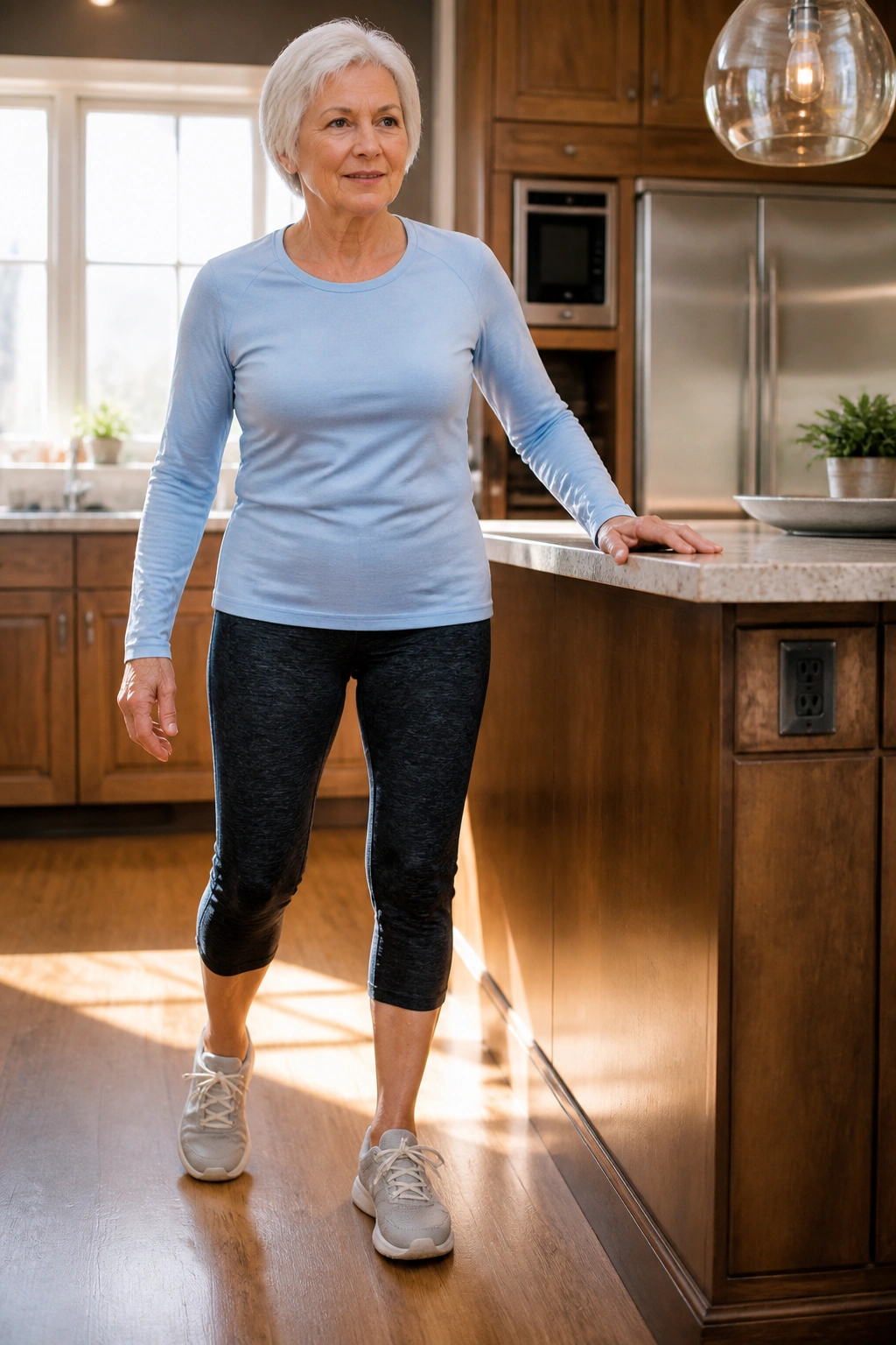 Older adult performing side steps along a kitchen counter to train hip stability