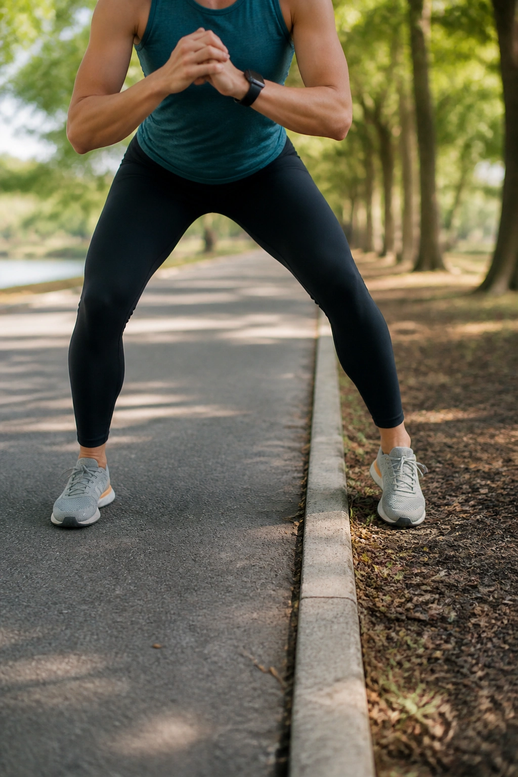 Person performing side steps along the park path edge