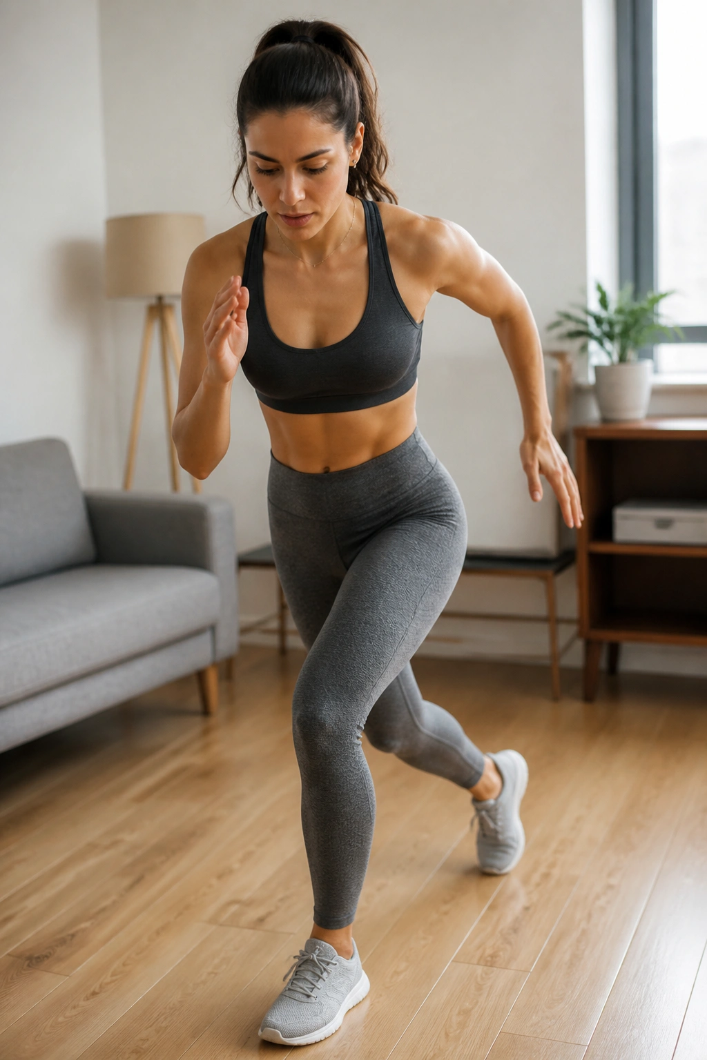 Close-up to mid-shot of a person performing step-backs in a quiet apartment