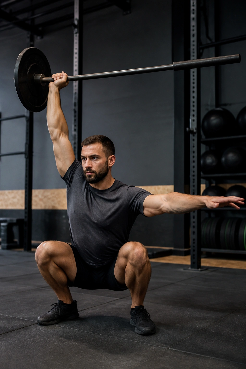 Lifter performing single-arm barbell overhead squat with offset balance in gym