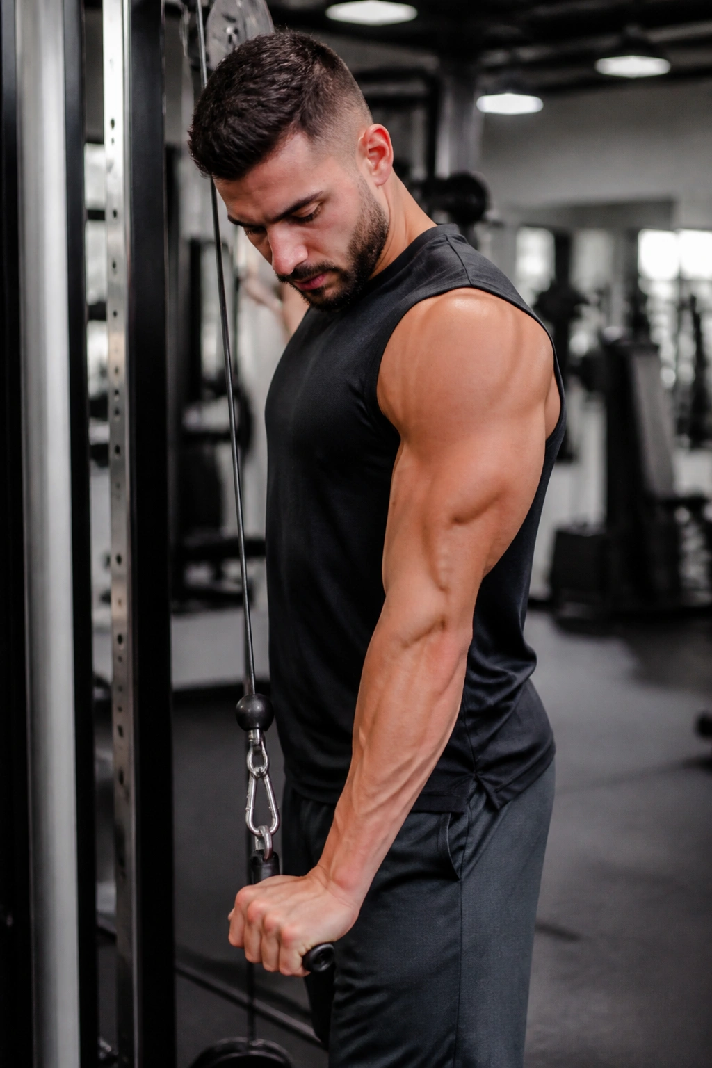 Arm performing single-arm cable pushdown focusing on triceps