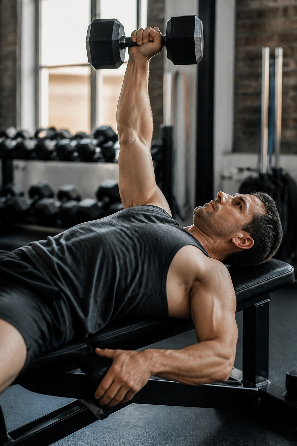 Close-up of lifter performing single-arm dumbbell press for balance
