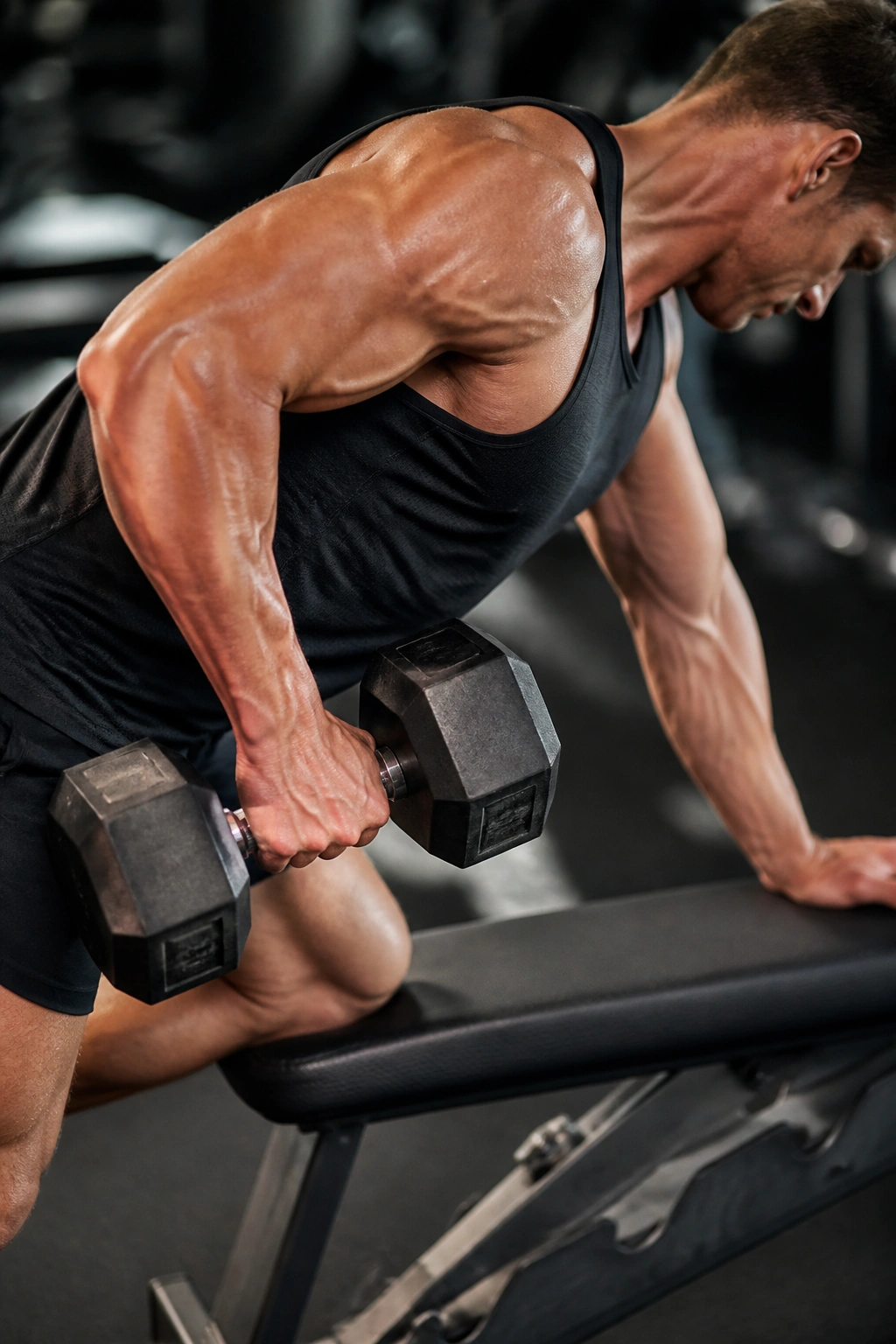 Upper back and pulling arm during a single-arm dumbbell row
