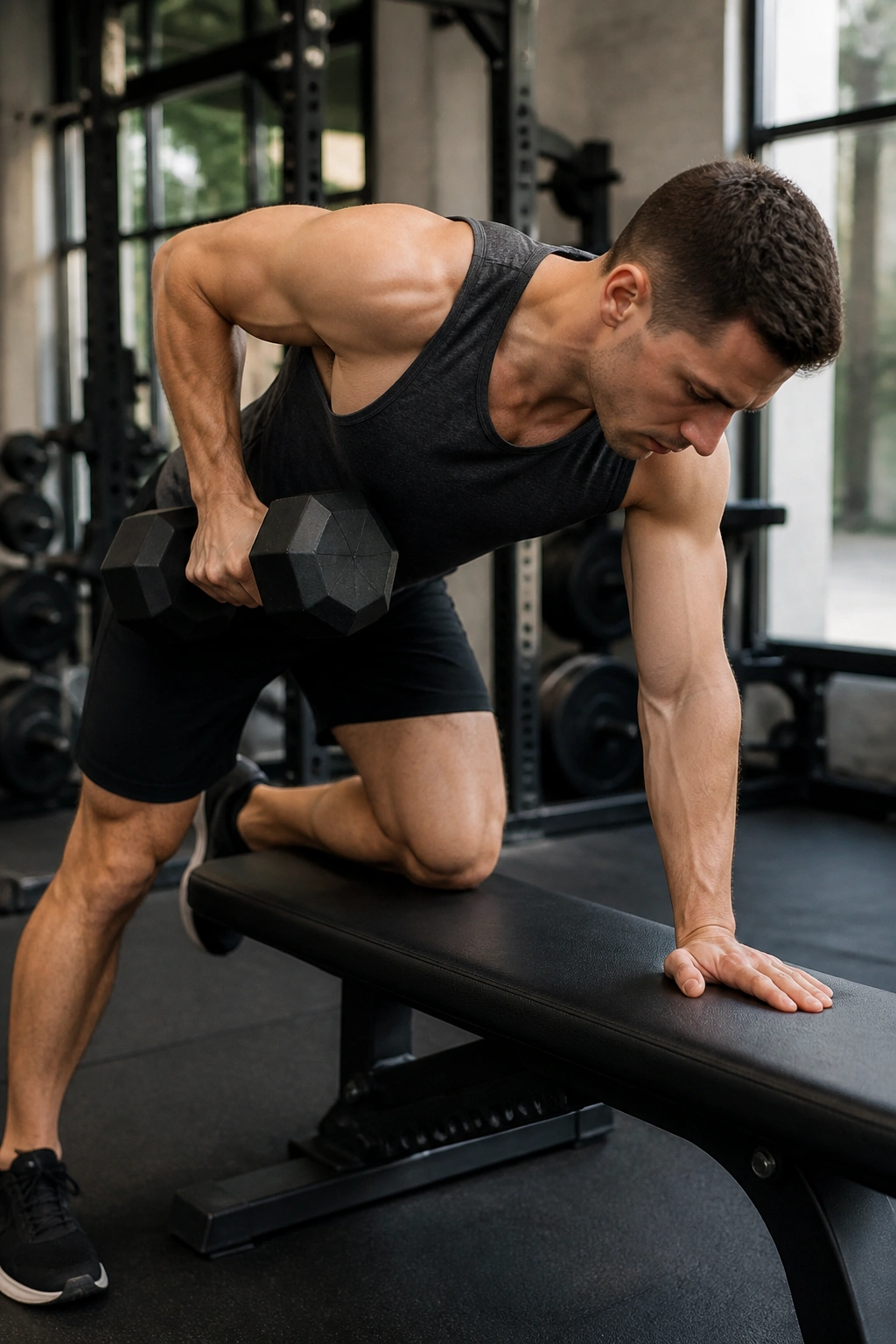 Real person performs a one-arm dumbbell row on a bench with a square torso and weight toward the hip.