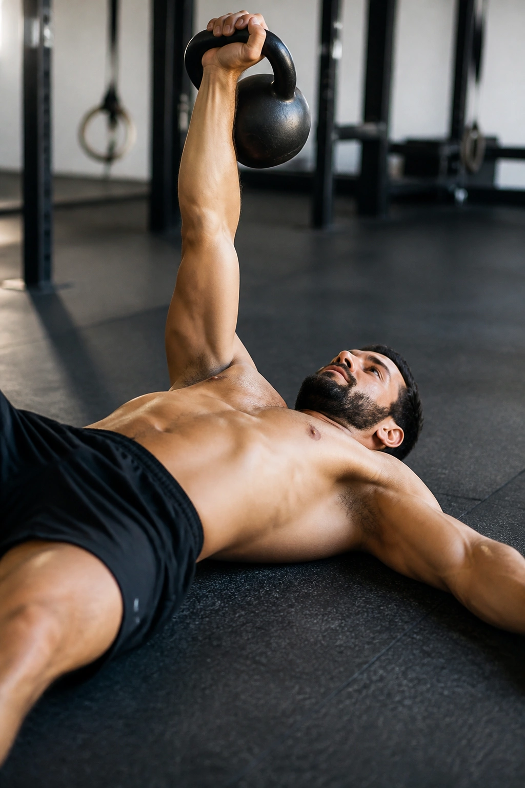 Person performing a single-arm kettlebell floor press on a gym mat.