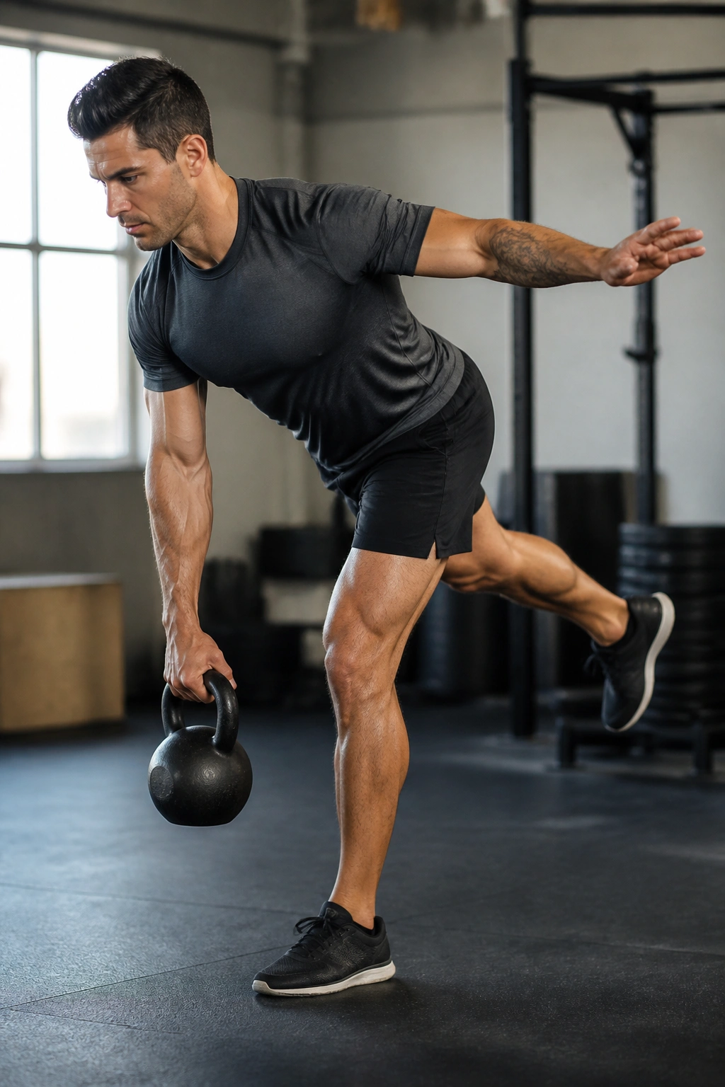Single-arm kettlebell RDL with anti-rotation in gym