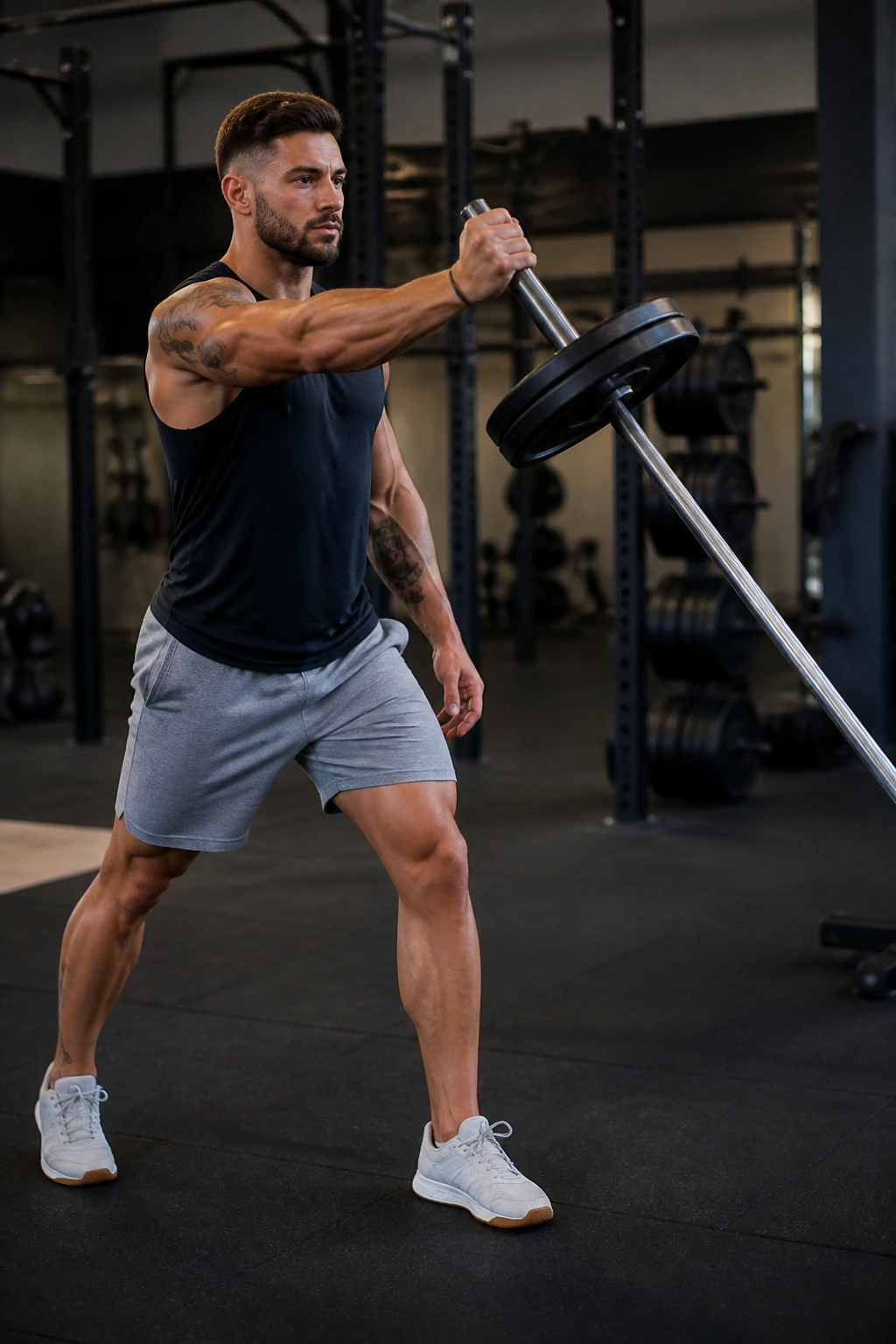 Real person performing a single-arm landmine press in a gym