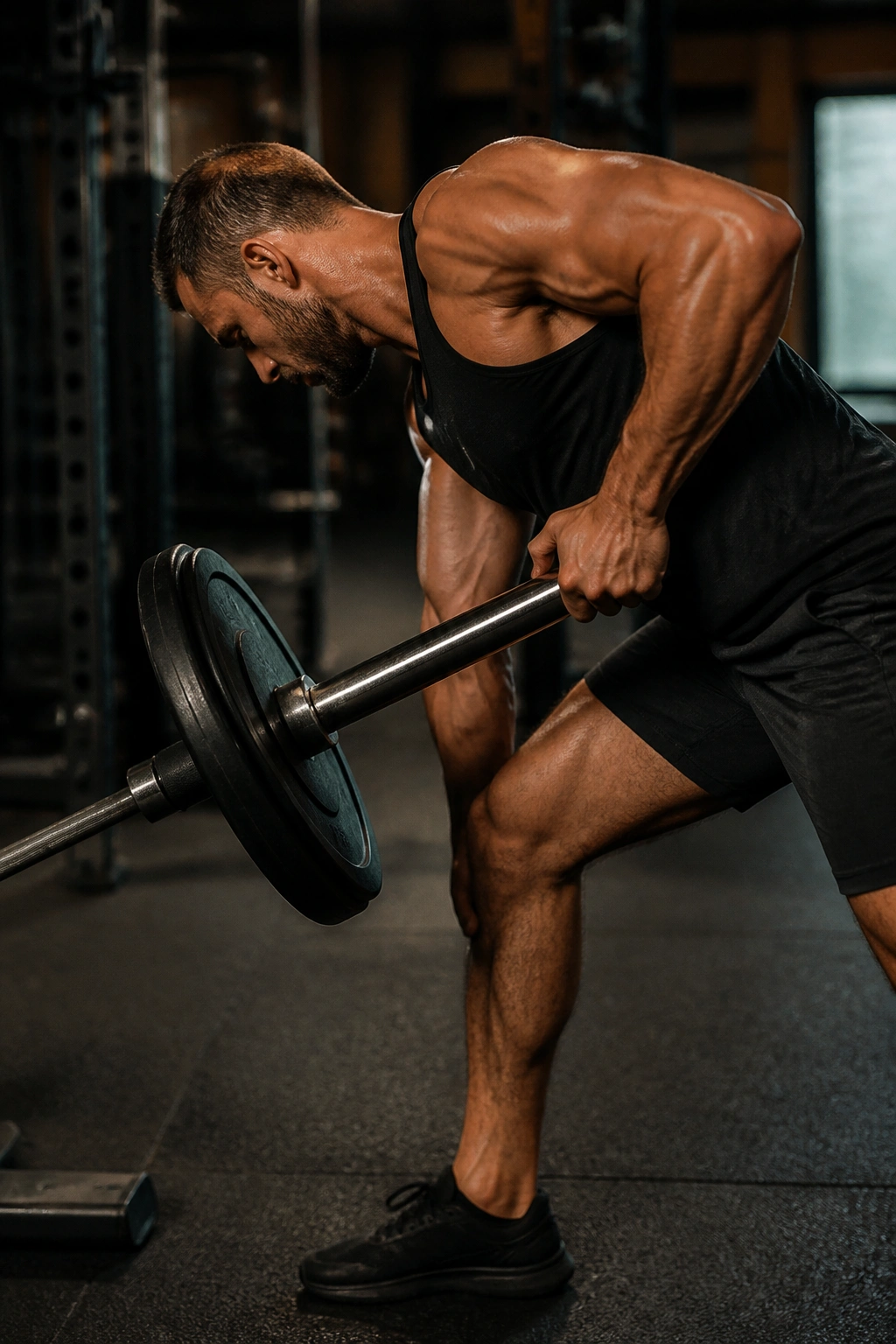 Close-up of a person performing single-arm landmine rows in gym