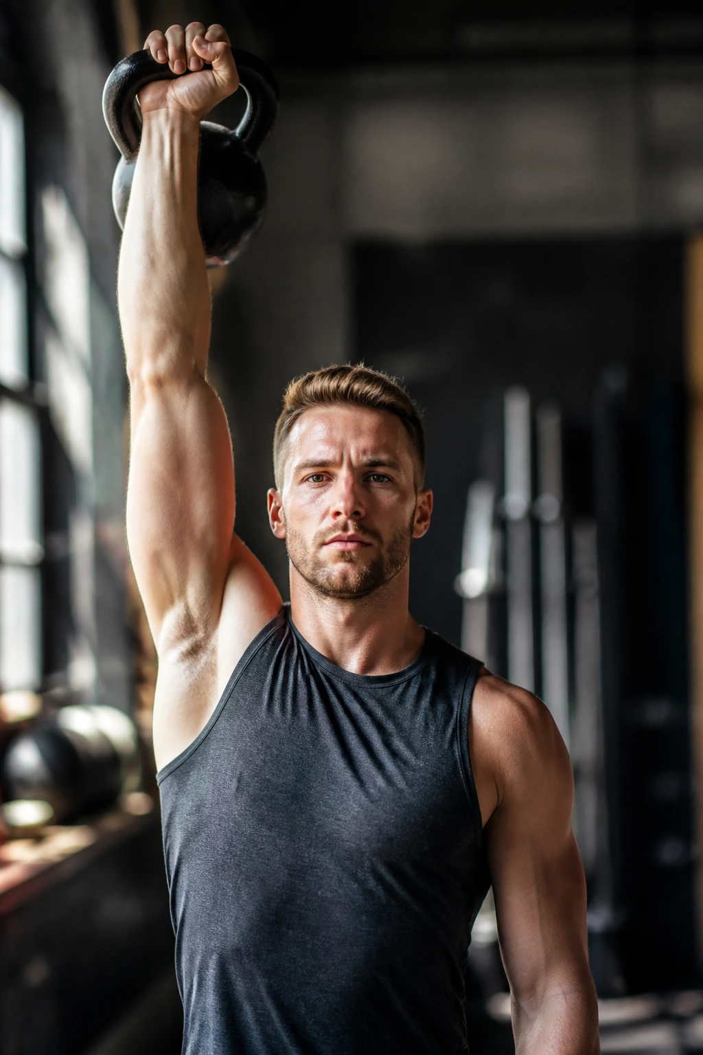 Portrait of a person performing a single-arm overhead kettlebell hold in a gym