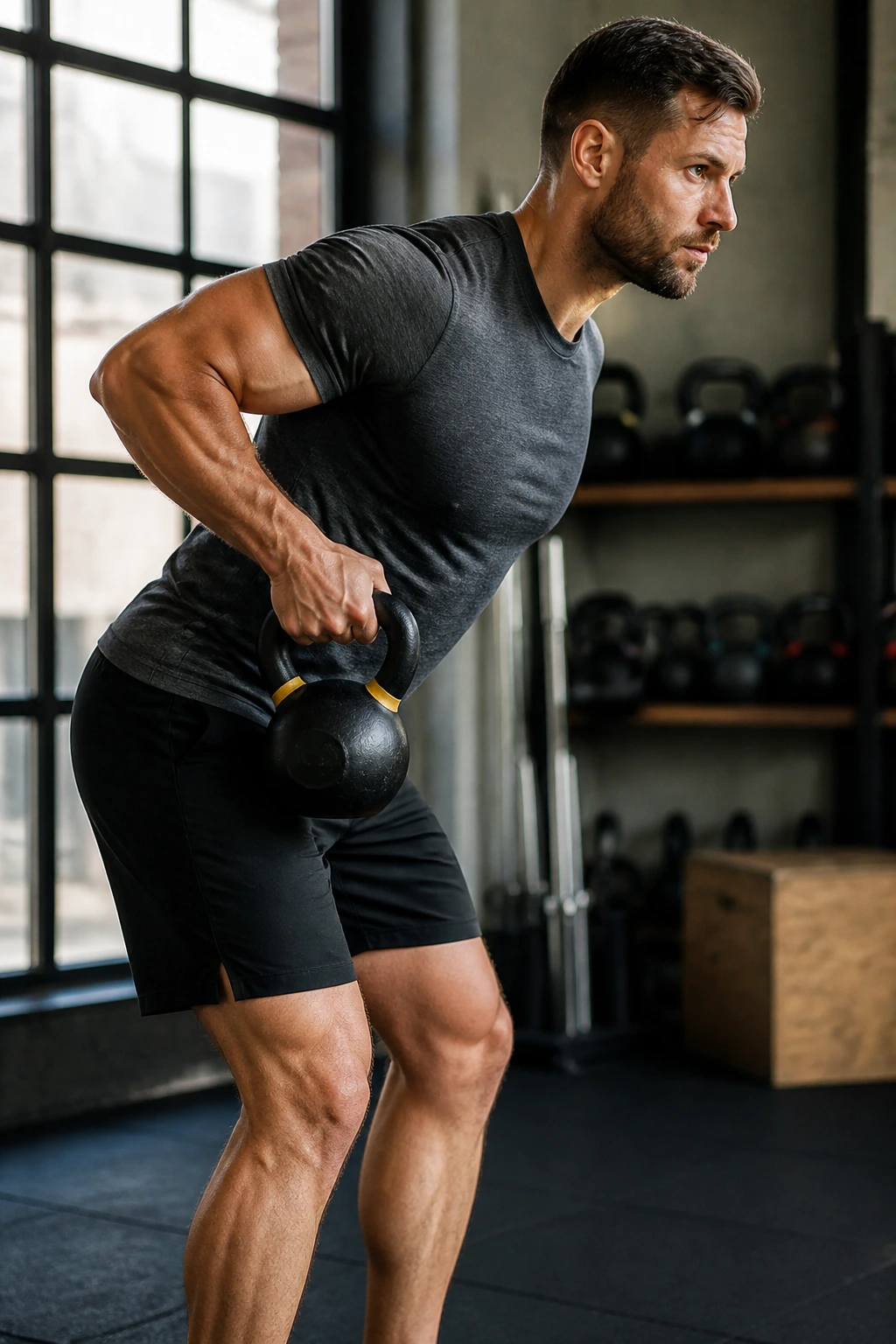 Side-profile of a person performing single-arm kettlebell row and press in a gym