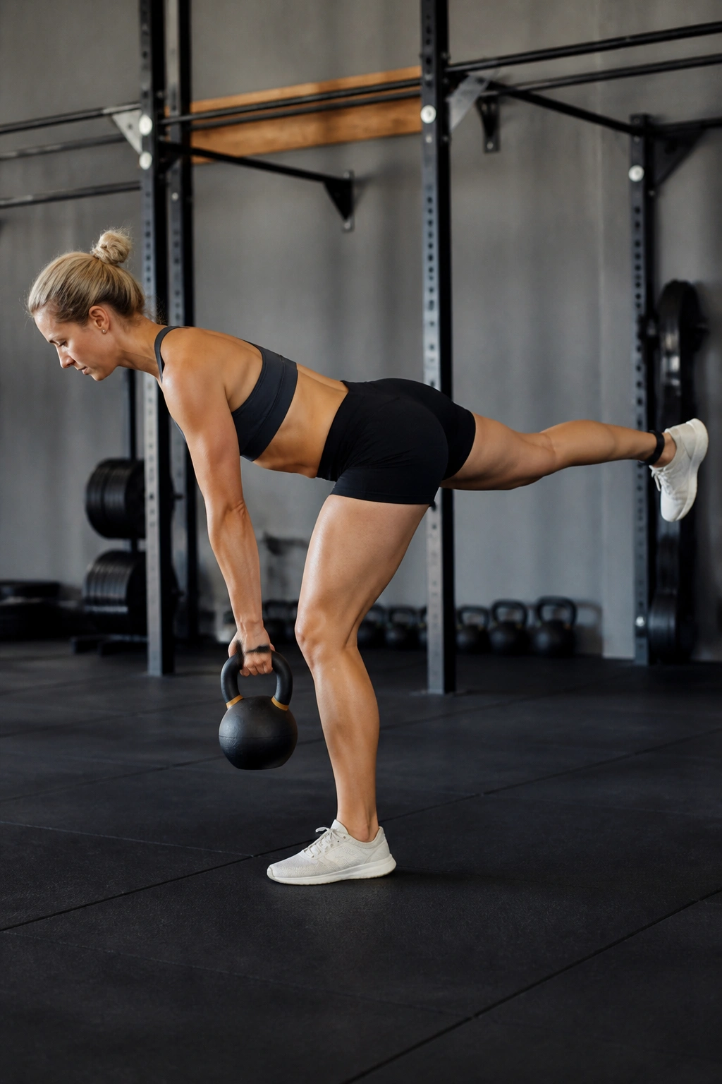 Athlete performing single-arm single-leg deadlift with kettlebell in opposite hand in gym