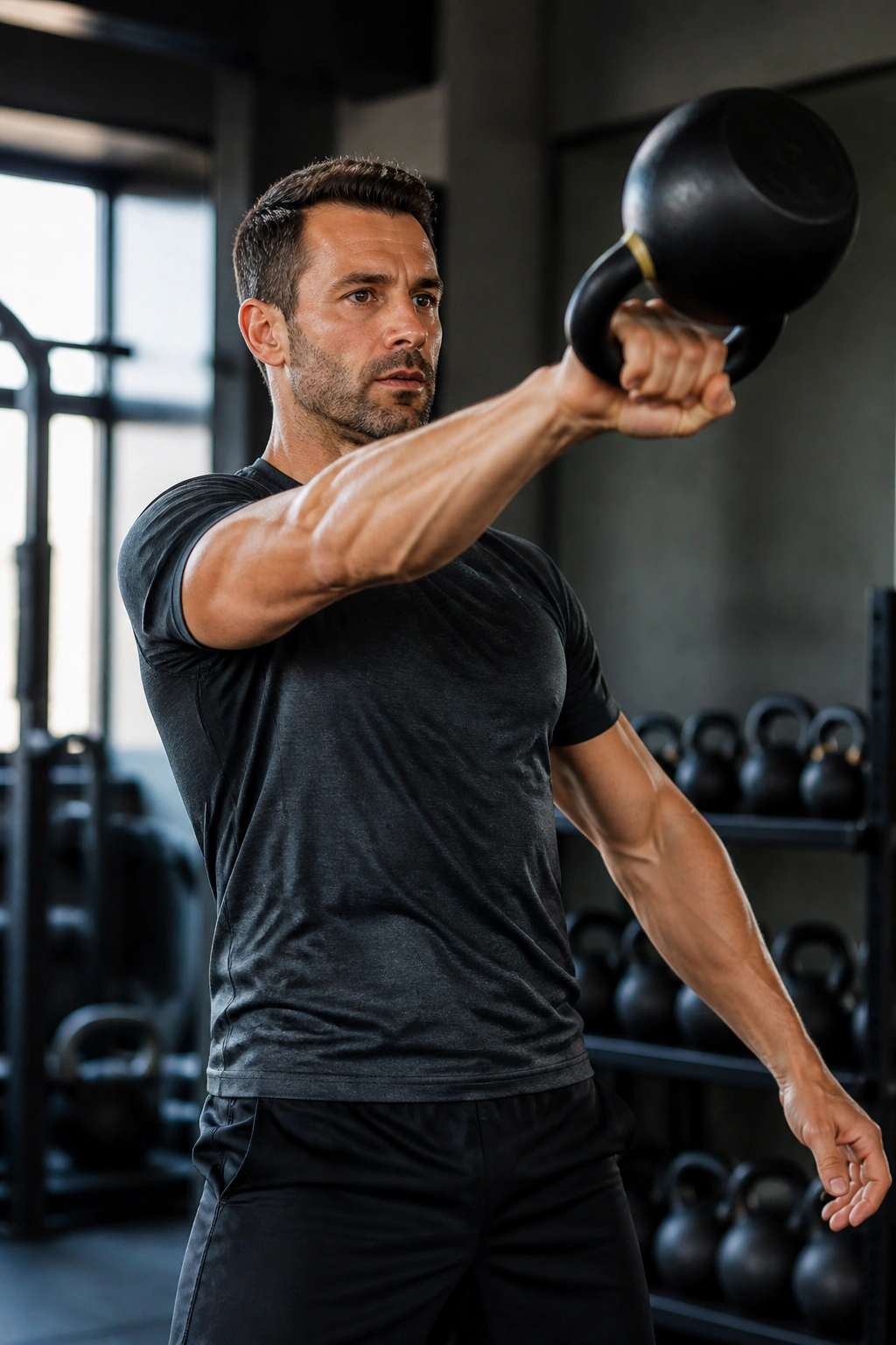 Portrait-style shot of a person executing a single-arm kettlebell swing with a focused, braced posture.