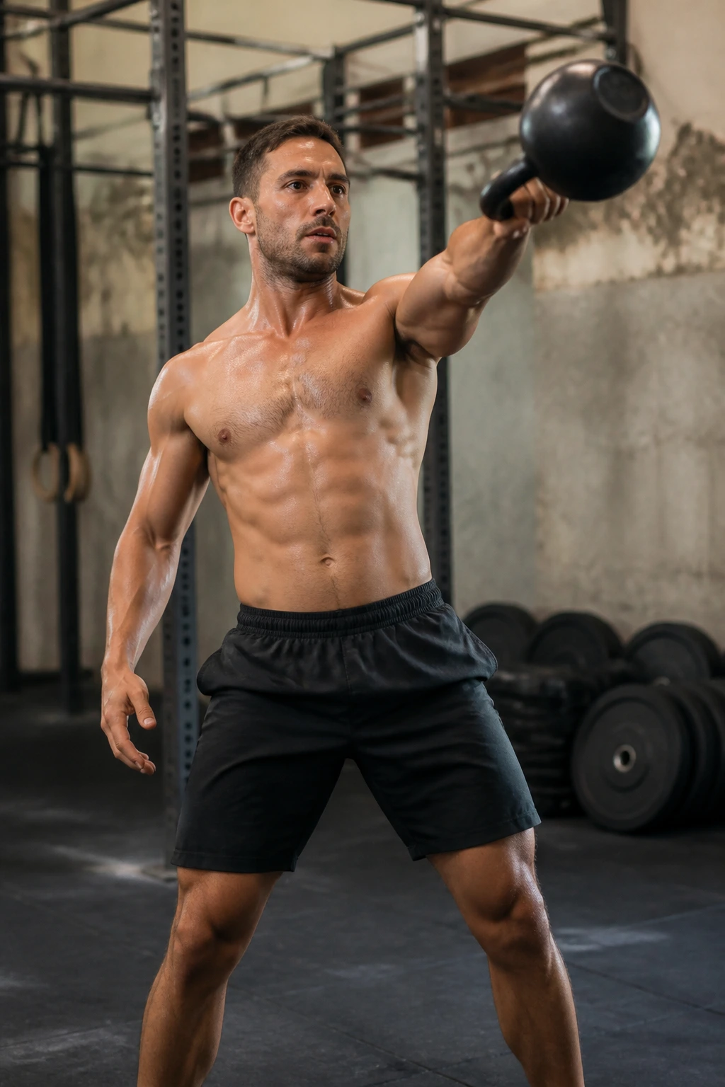 Mid-shot of a real person performing a single-arm kettlebell swing with strong core bracing