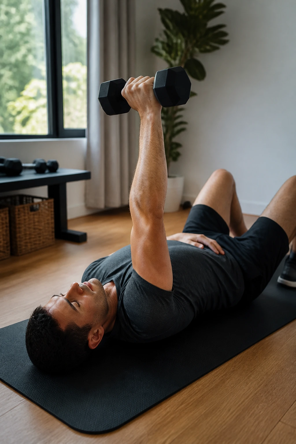Close-up of a person performing single-dumbbell floor press on a mat