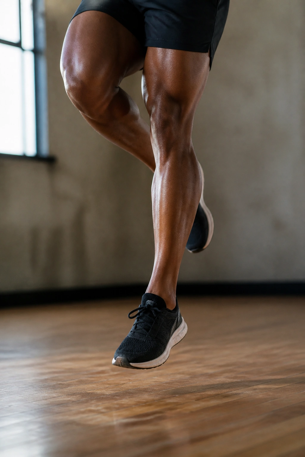 Close-up of a real athlete performing a single-leg ankle hop, highlighting calf engagement and ankle rebound