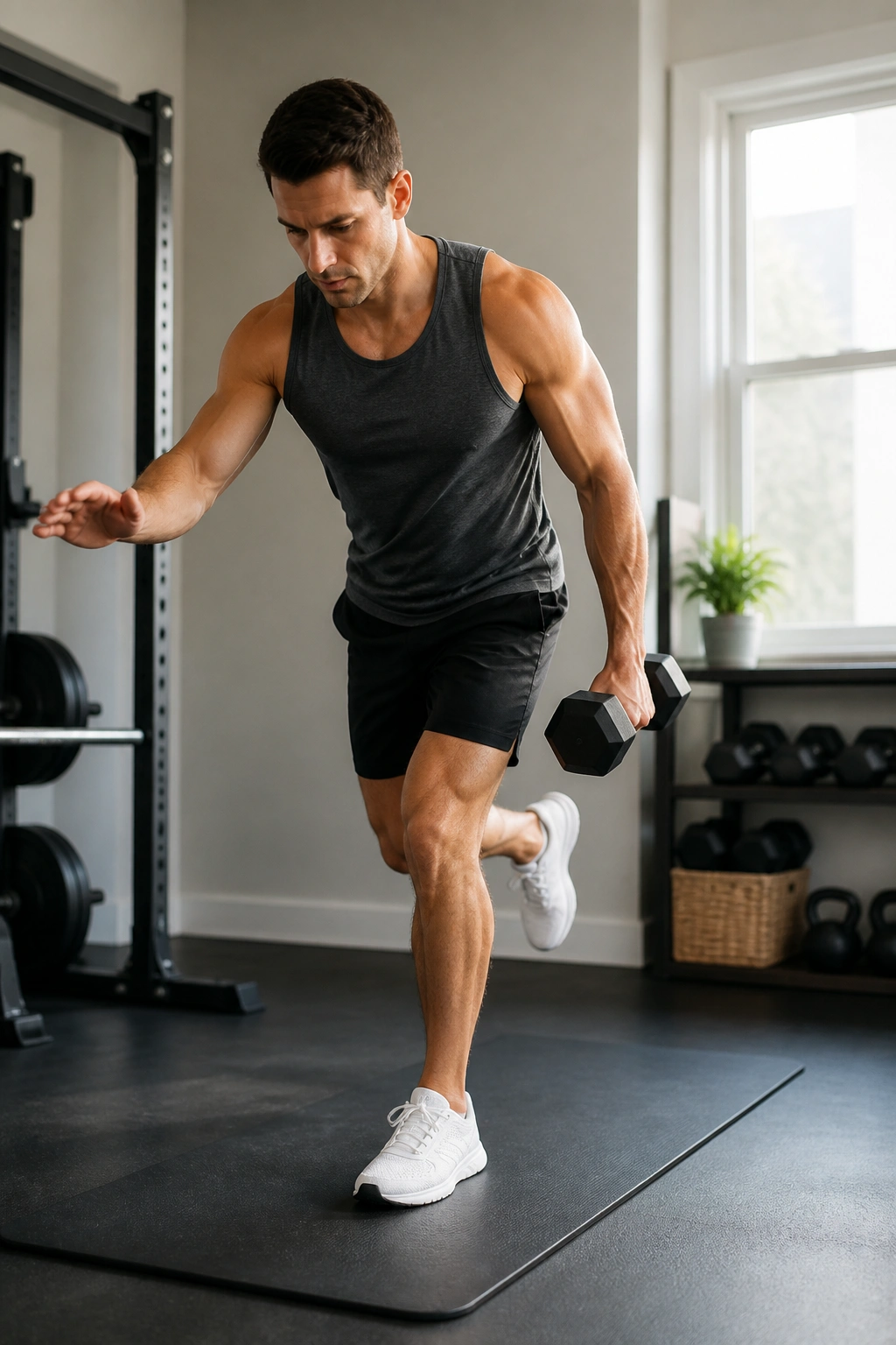 Person balancing on one leg in a bright home gym for single-leg stability