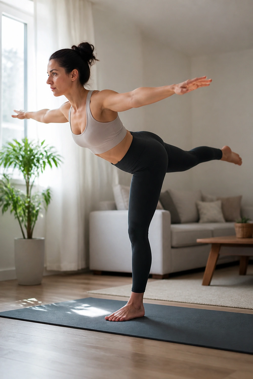 Person balancing on one leg on a mat in a bright living room