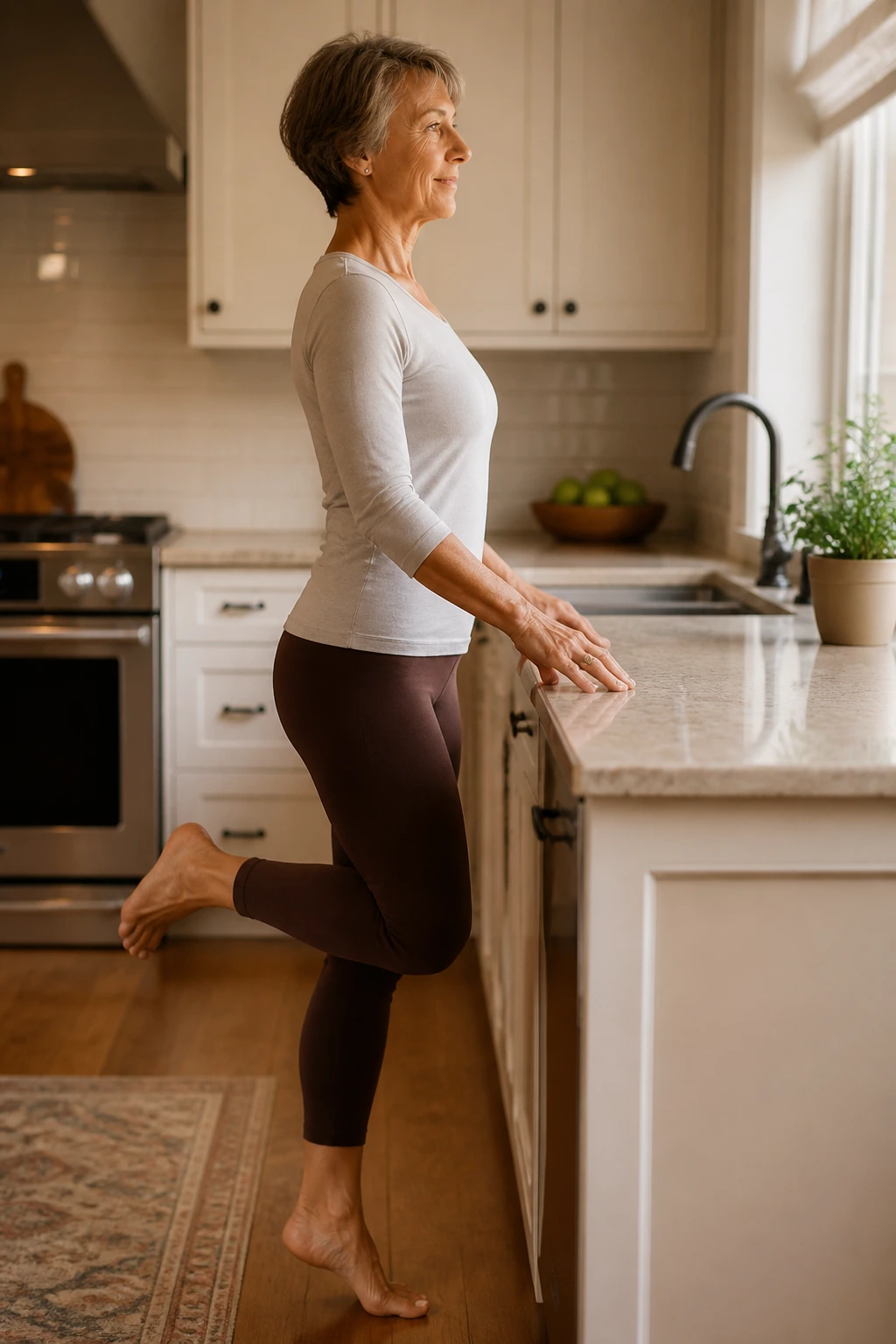 Woman practicing single-leg balance at kitchen counter