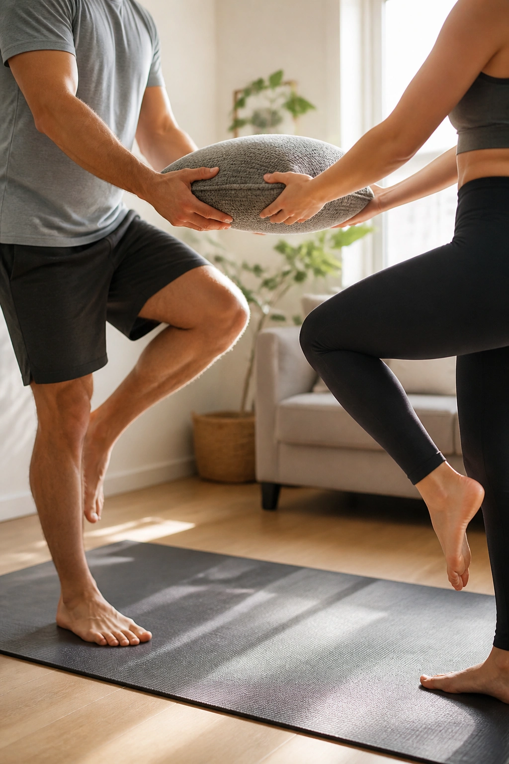 Two people balancing on one leg while passing a pillow in a living room