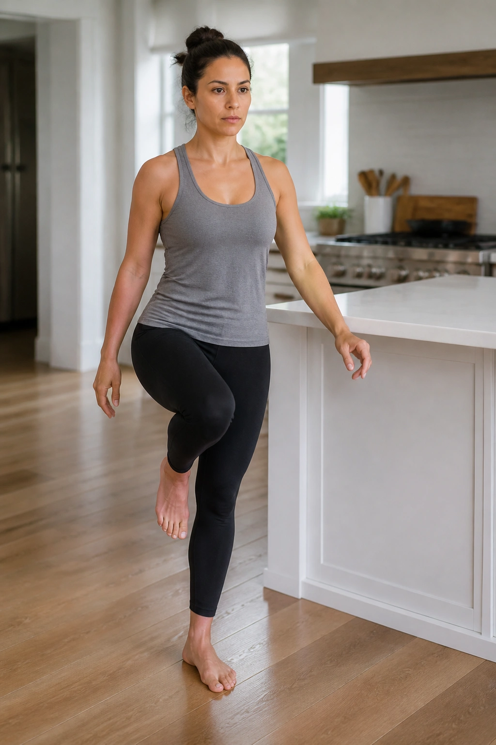 Person balancing on one leg near a kitchen counter