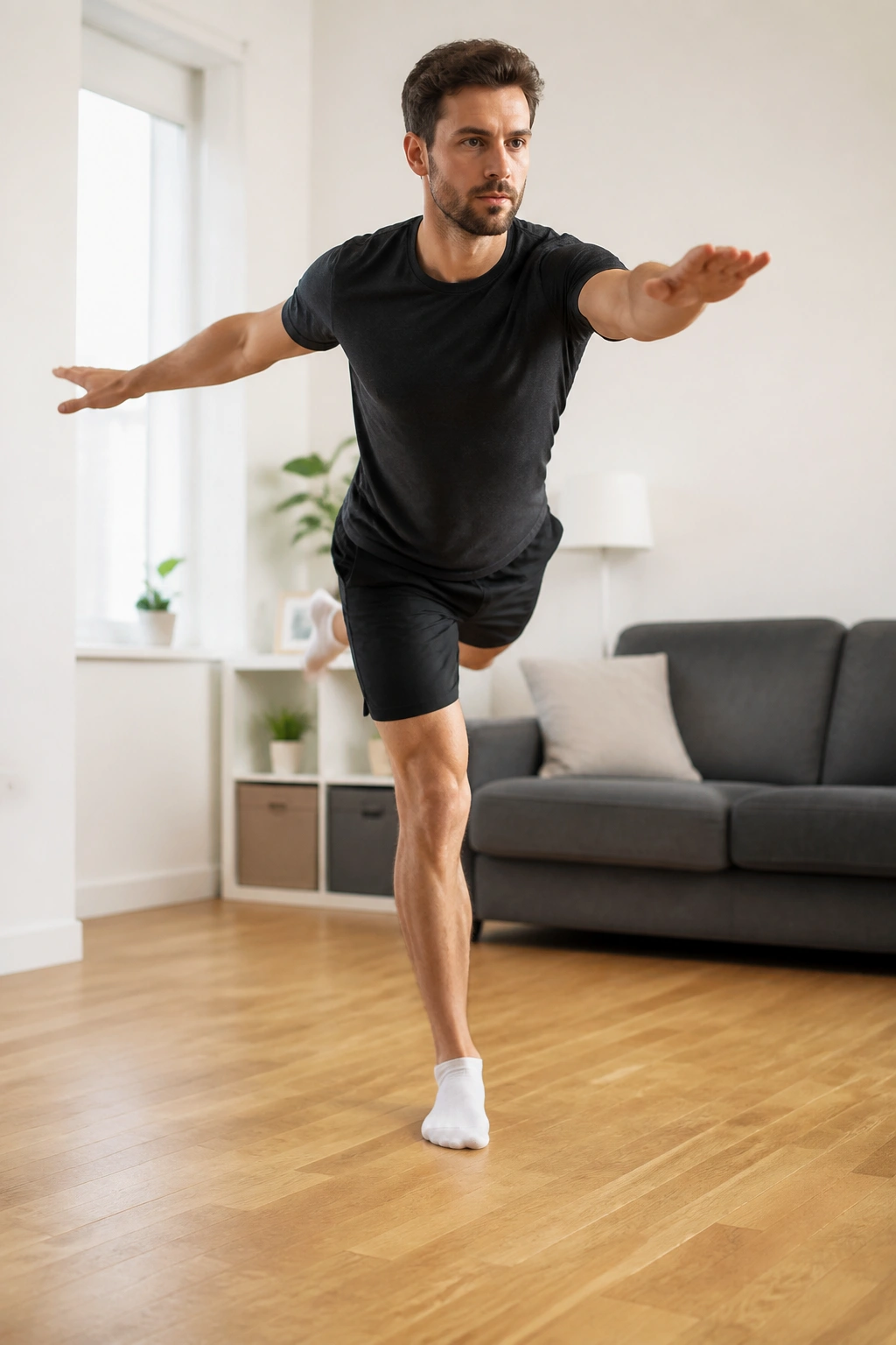 Person performing a single-leg balance reach in a cozy living room