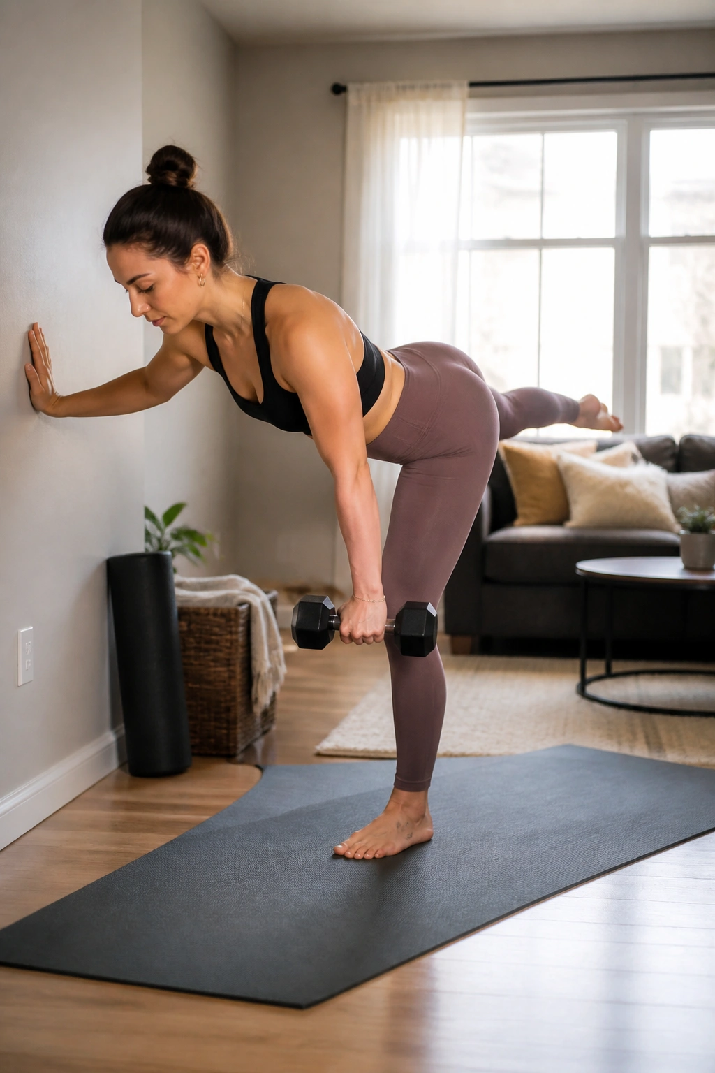 Person balancing on one leg while performing a single-leg Romanian deadlift near a wall