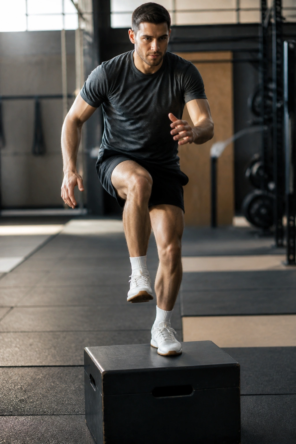 Athlete performing a single-leg box jump in gym