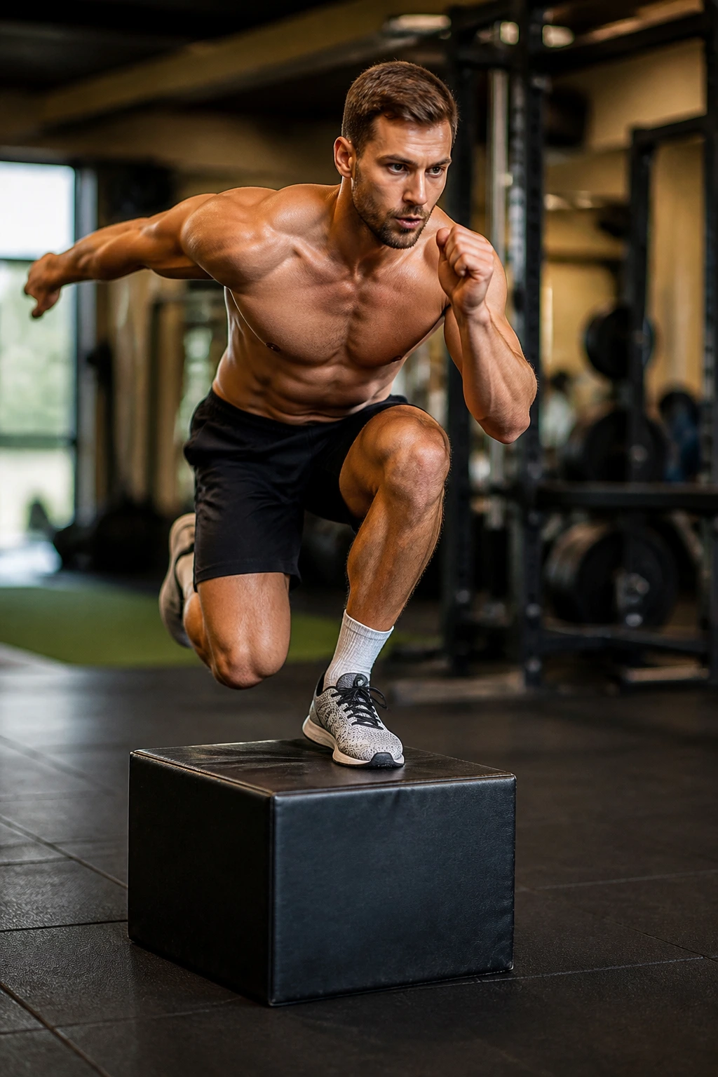Athlete performing a single-leg box jump in a gym