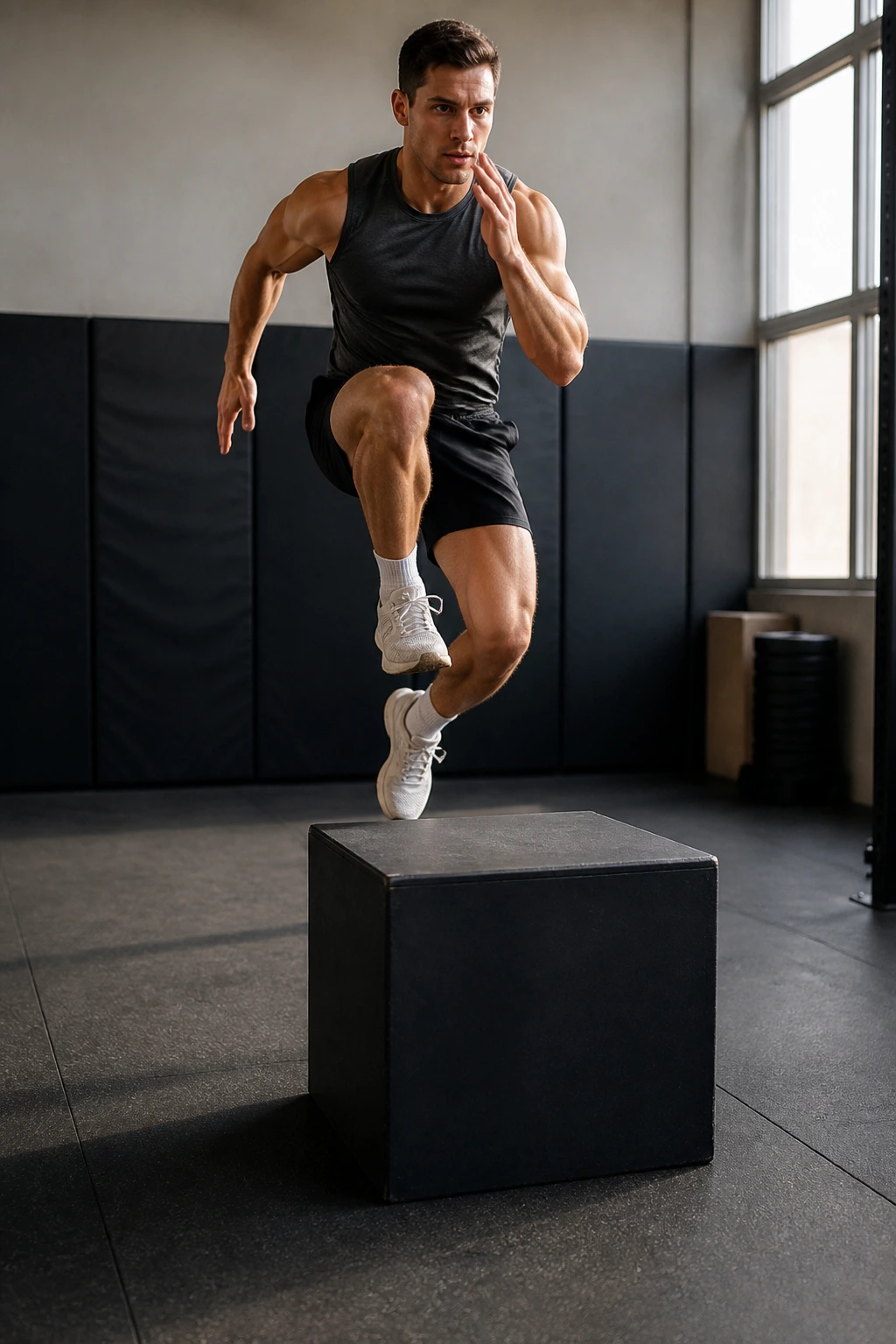 Close-up of an athlete performing a single-leg box jump onto a plyometric box in a gym