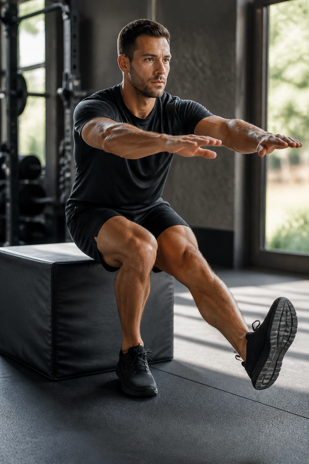 Person performing single-leg box squat with focus on balance