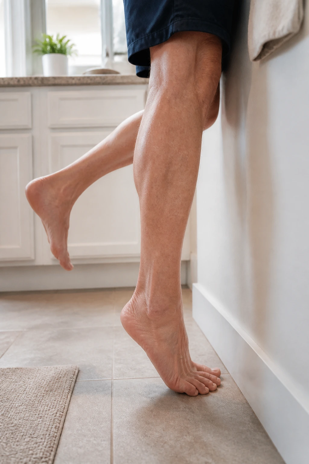 Real person performing single-leg calf raise holds near a wall at home.