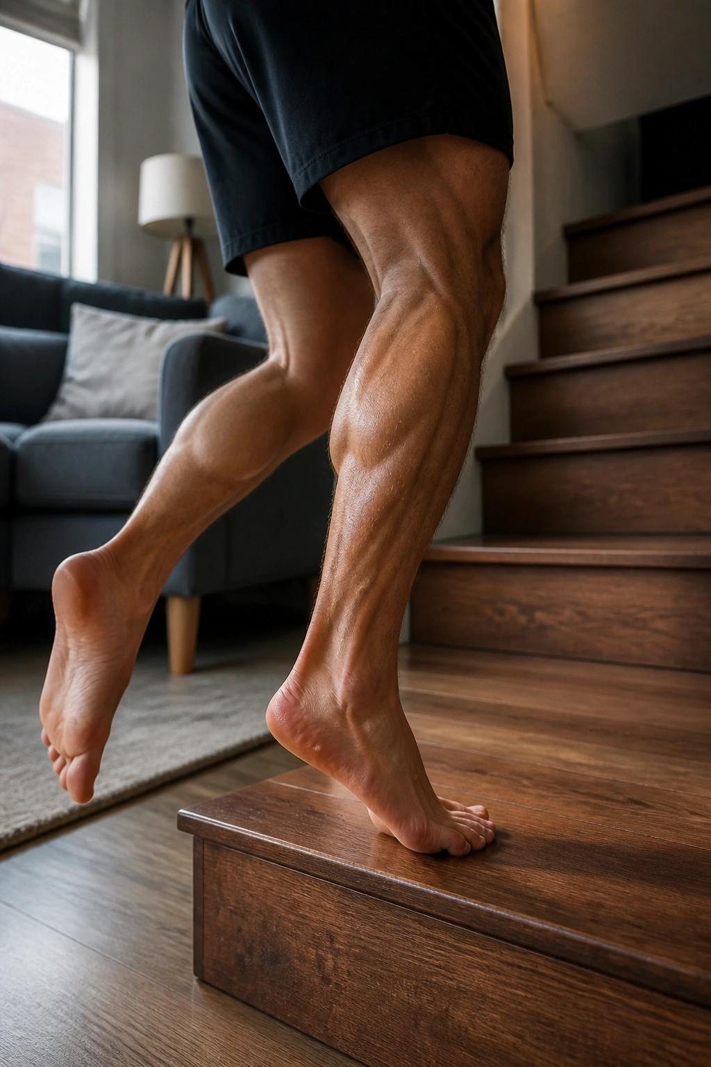 Close-up of a person performing a single-leg calf raise on a home stair