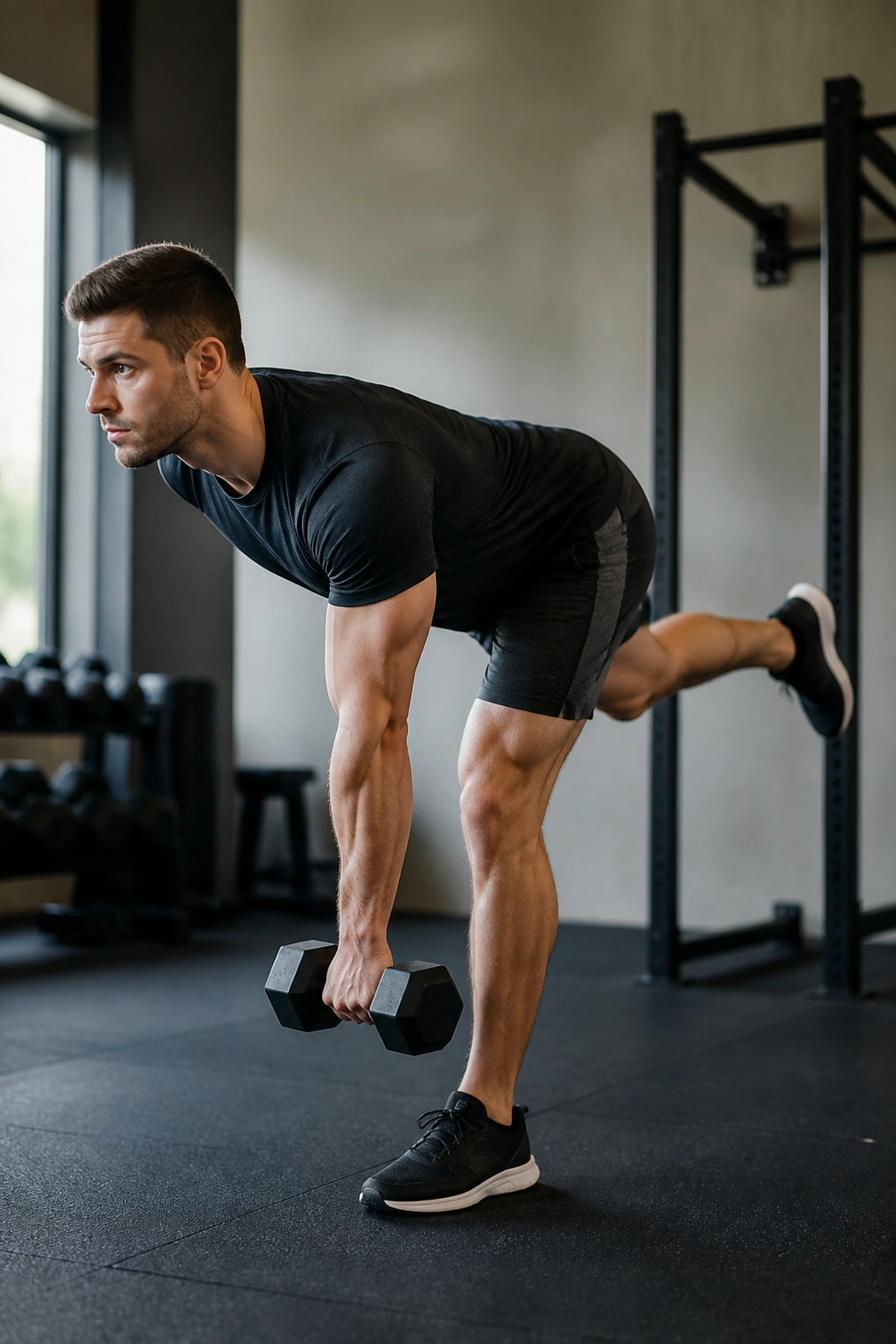 Medium close-up of a person performing single-leg Romanian deadlift