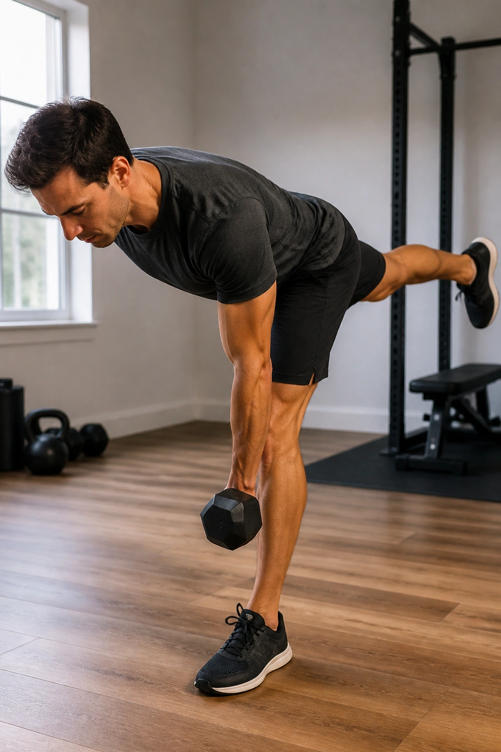 Single-leg deadlift with dumbbell in opposite hand in a home setting