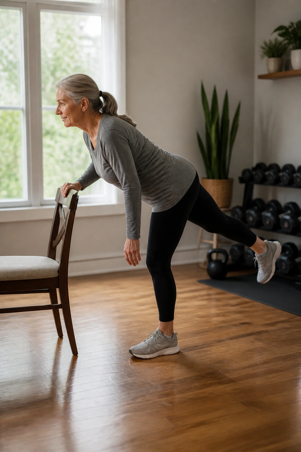 Real person performing the assisted single-leg Romanian deadlift with chair support in a home gym, side view.
