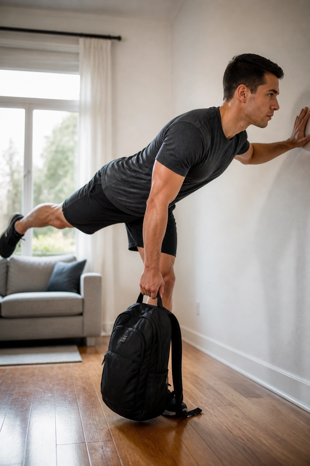 Close-up of a real person performing a single-leg Romanian deadlift balance with a backpack in a home setting