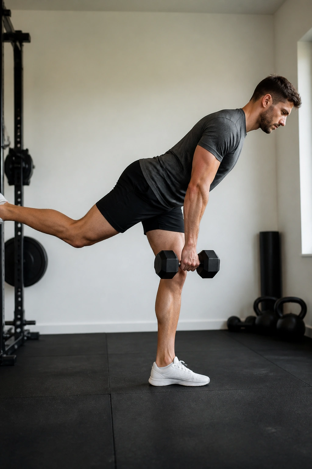 Profile view of a person performing single-leg Romanian deadlift with dumbbell