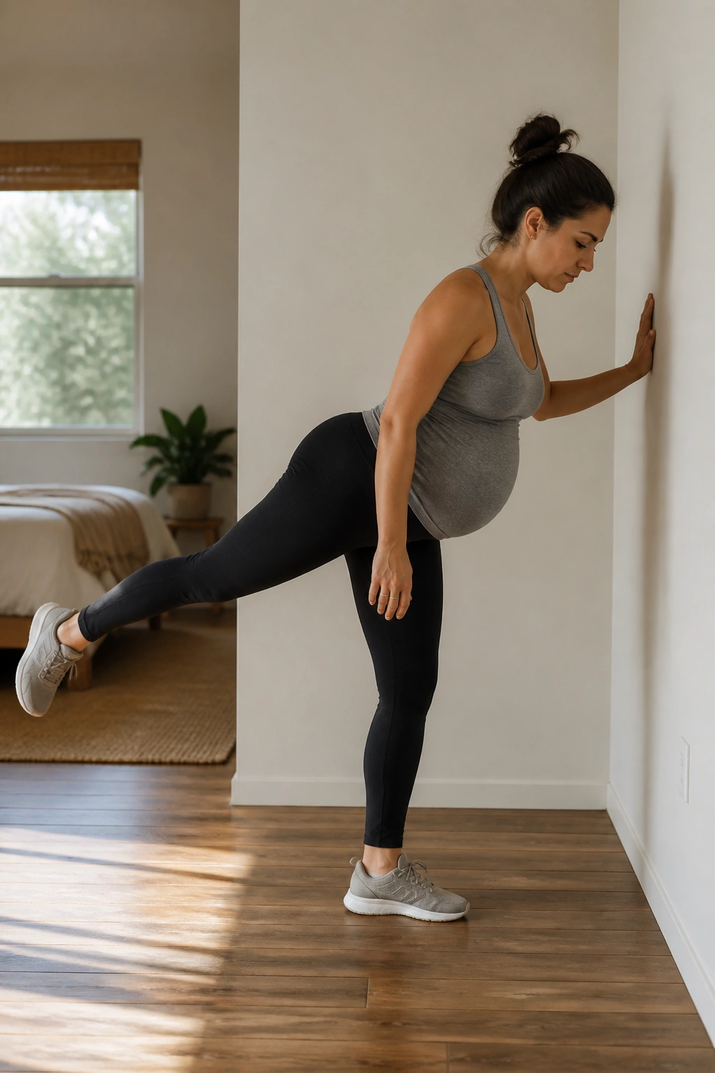 Pregnant woman performing supported single-leg deadlift near wall