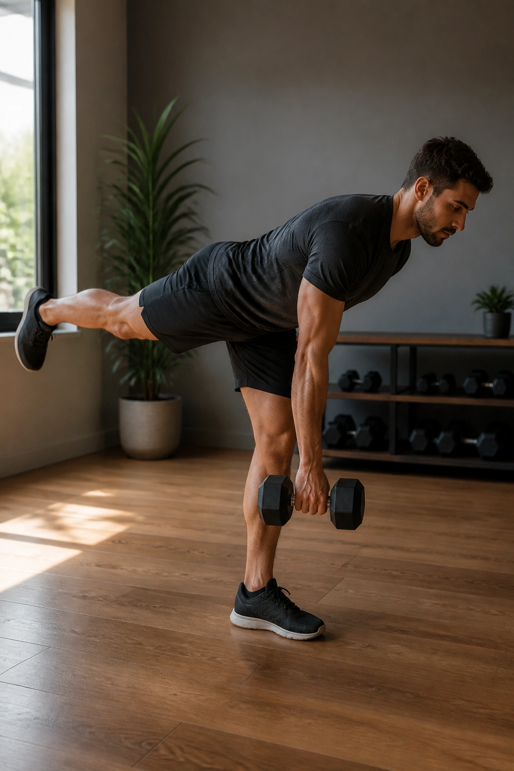 Portrait of person performing a single-leg dumbbell deadlift showing balance and hamstrings.
