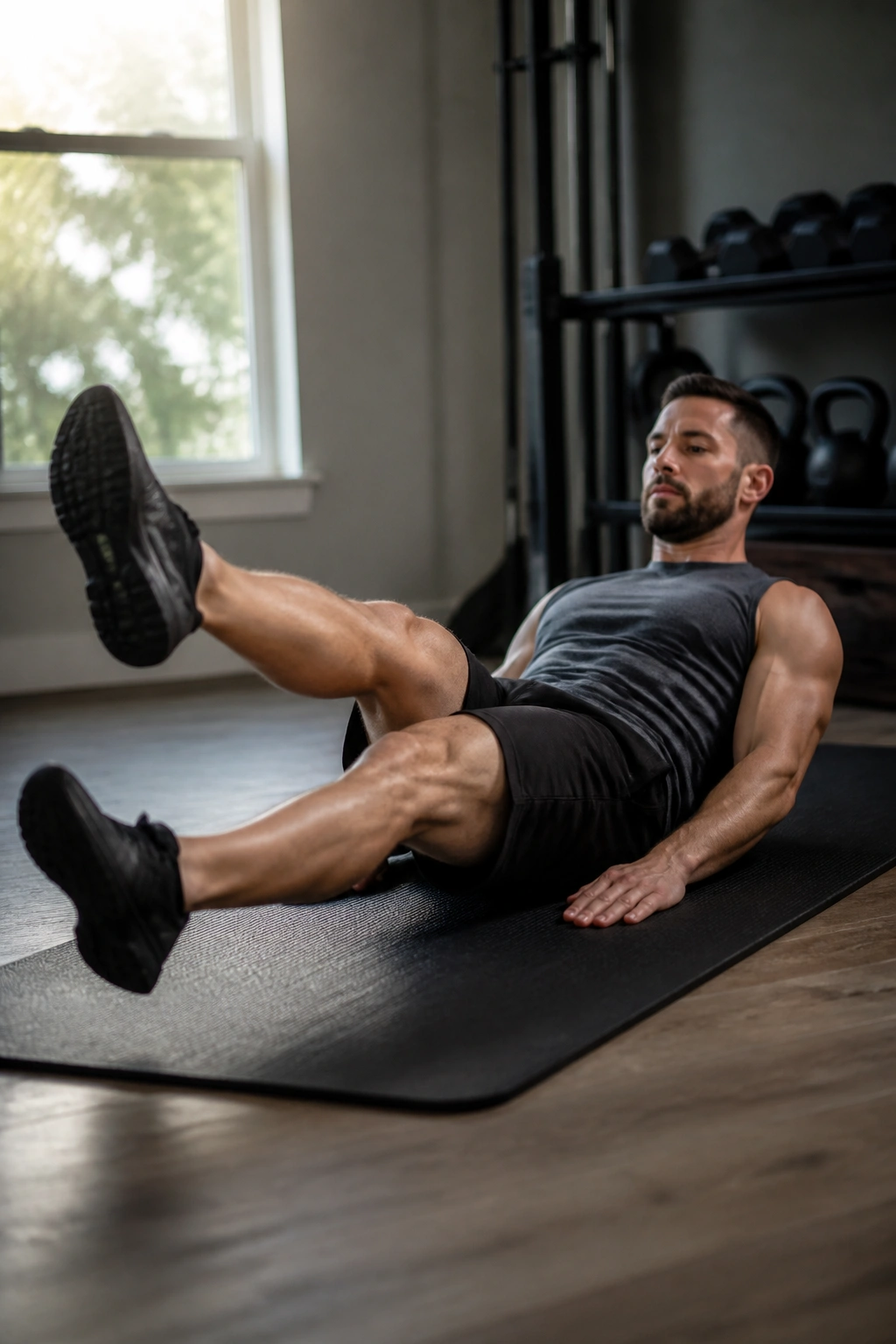 Close-up of a single-leg flutter kick demonstrating leg stability and core control.