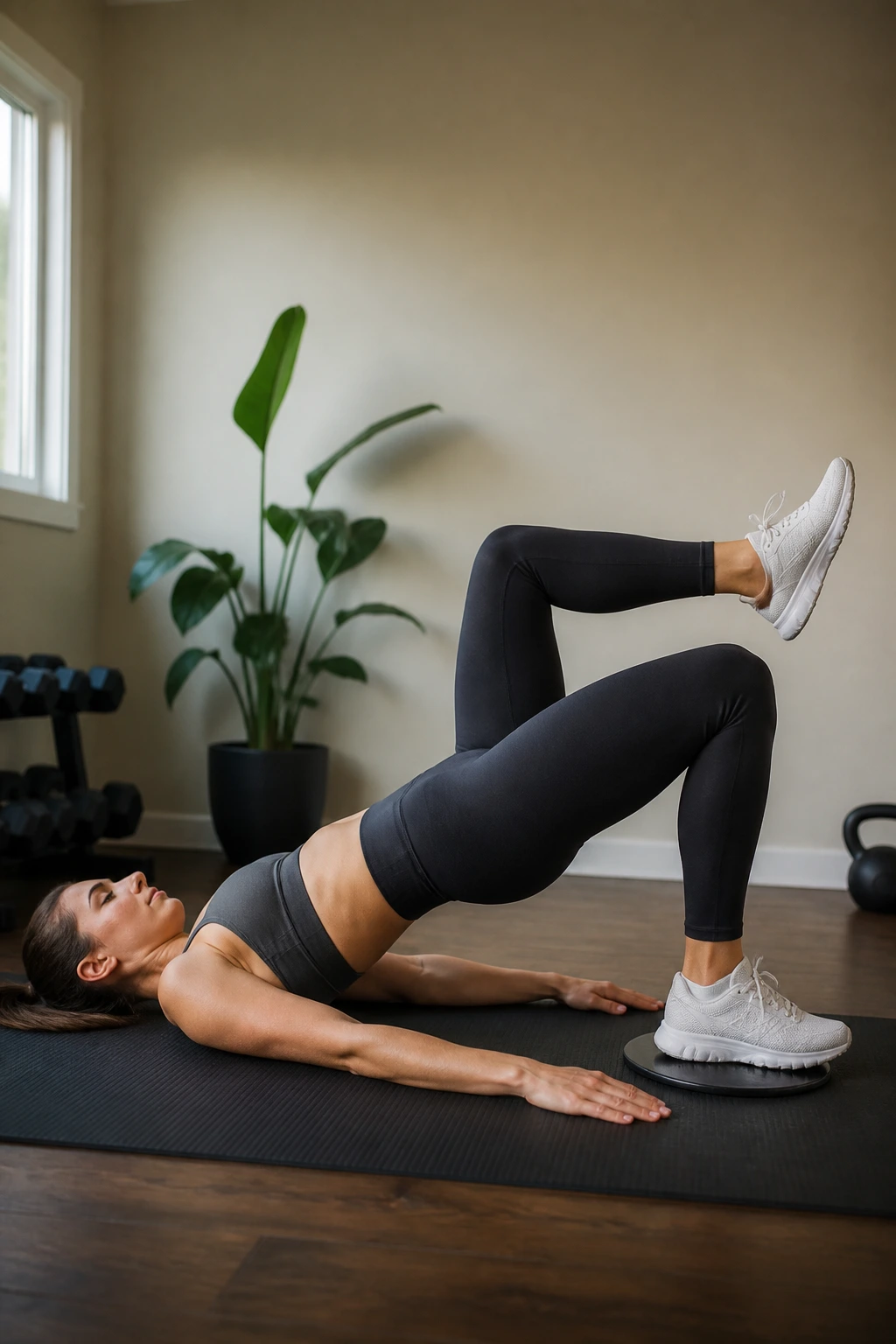 Real person performing a single-leg glute bridge with slider under heel.